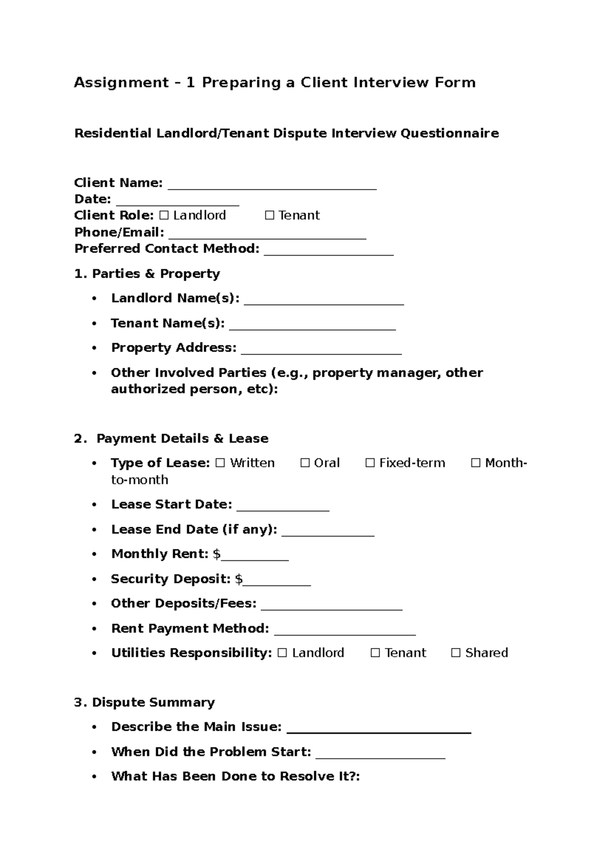 Assignment 1: Client Interview Form for Residential Dispute Resolution ...