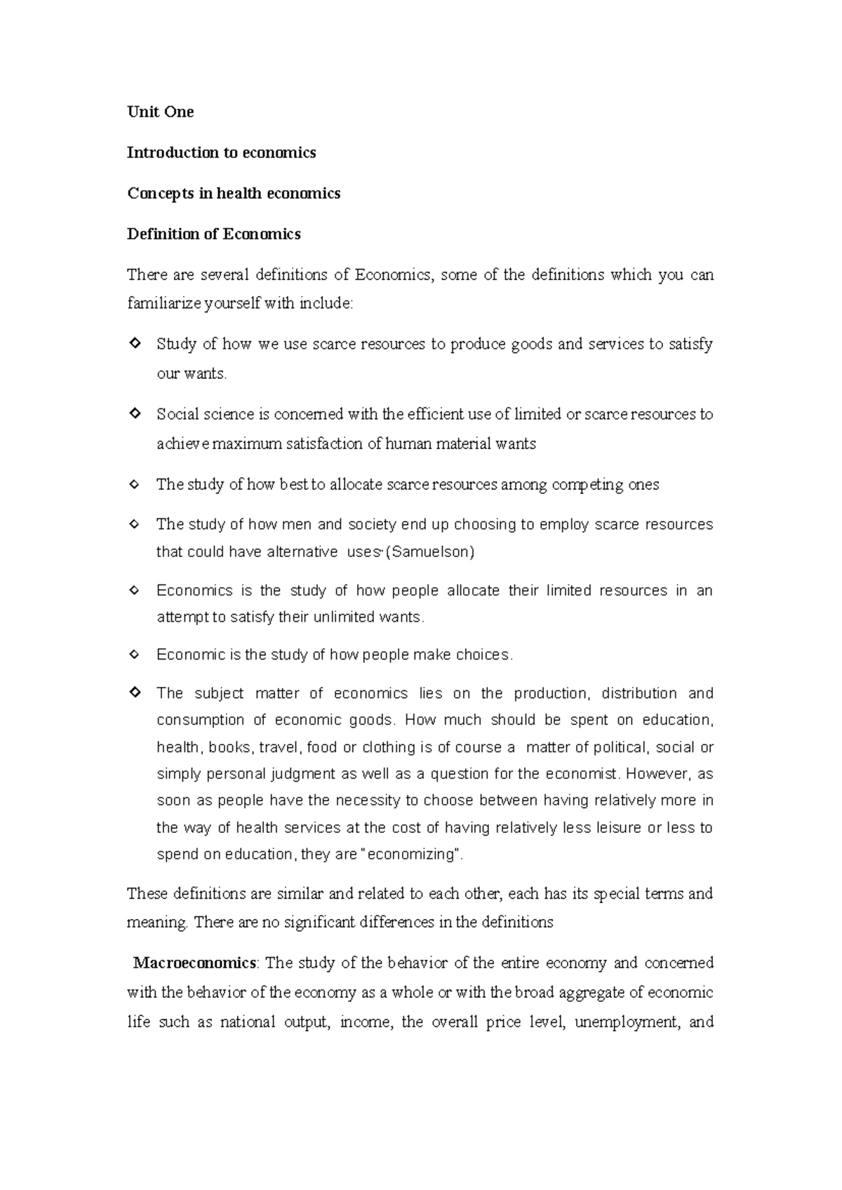 Health economics unit one - Unit One Introduction to economics Concepts ...