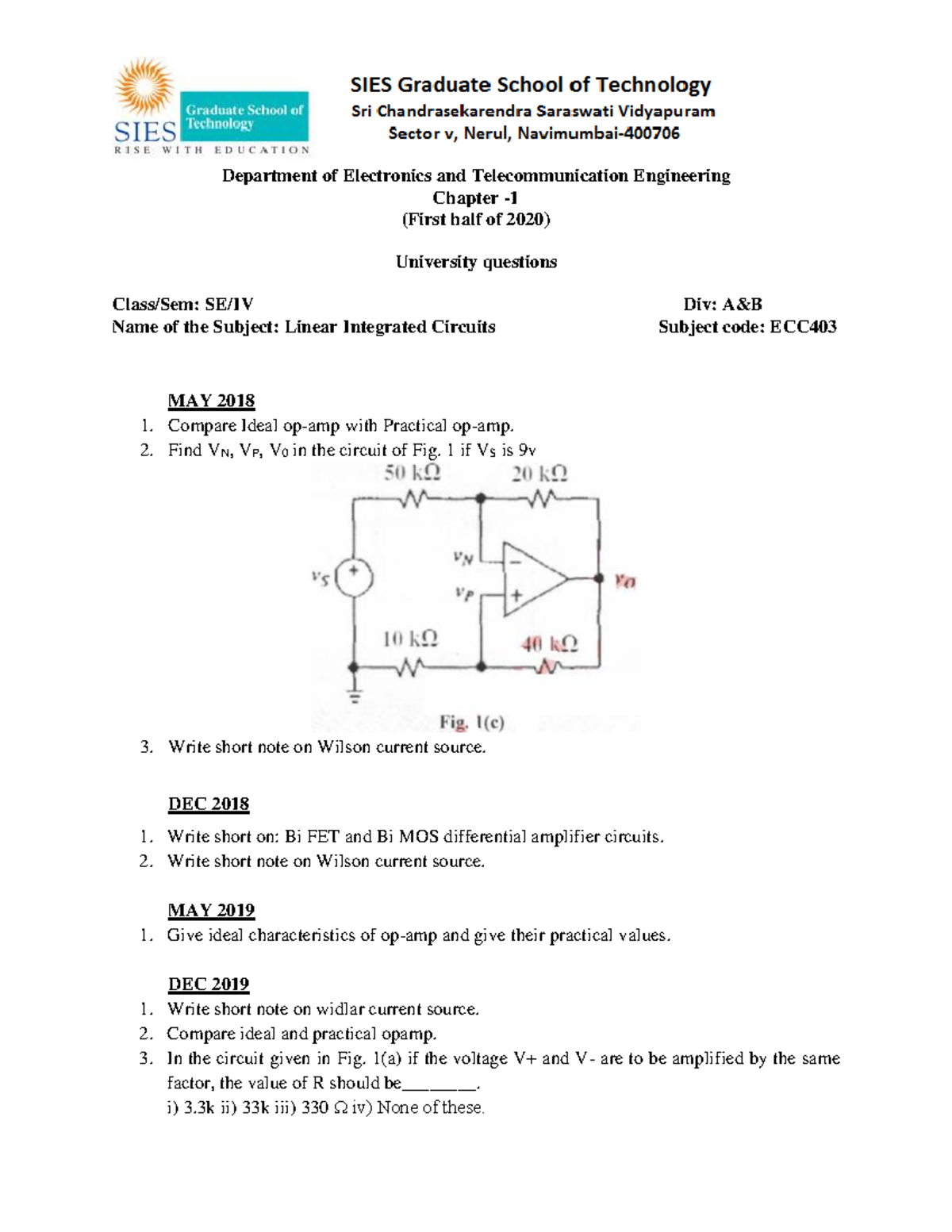 University Questions for Linear Integrated Circuits (ECC 403) - SE/IV ...