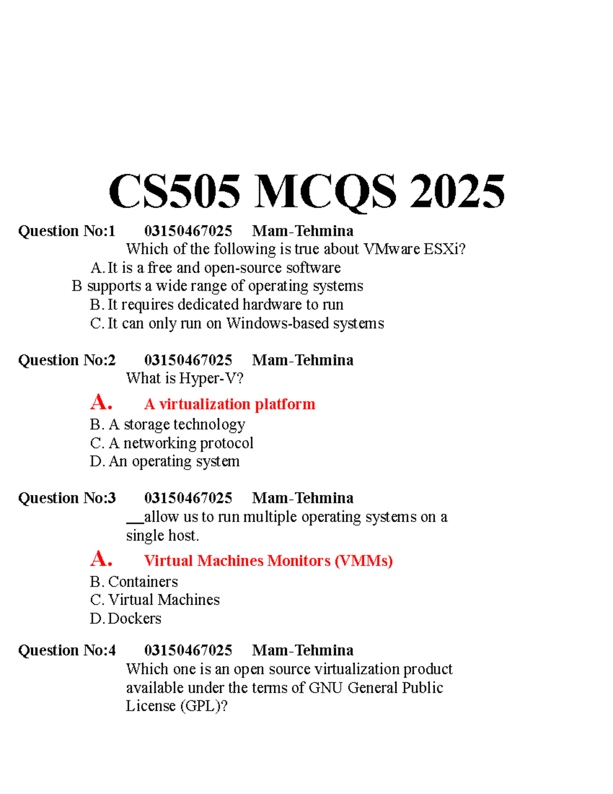 CS505 MCQs 2025 - VMware ESXi and Virtualization Concepts - Studocu