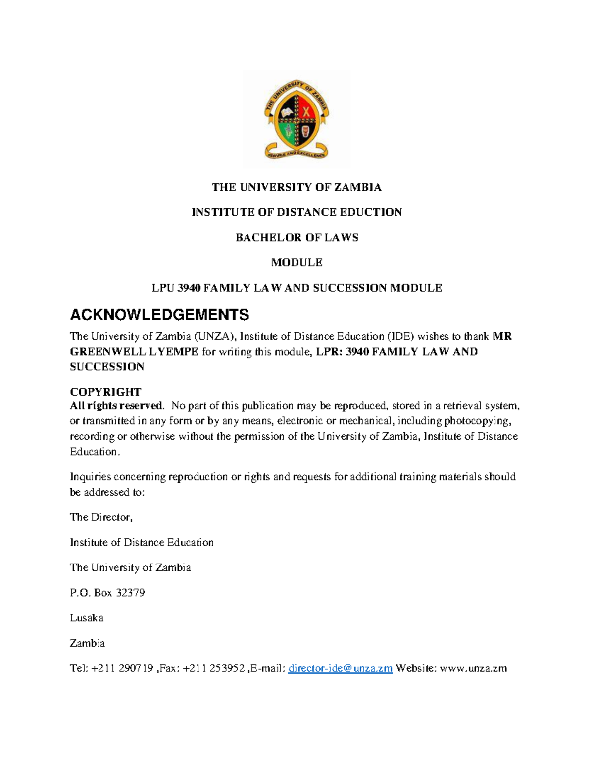 1. Family LAW Module - THE UNIVERSITY OF ZAMBIA INSTITUTE OF DISTANCE ...
