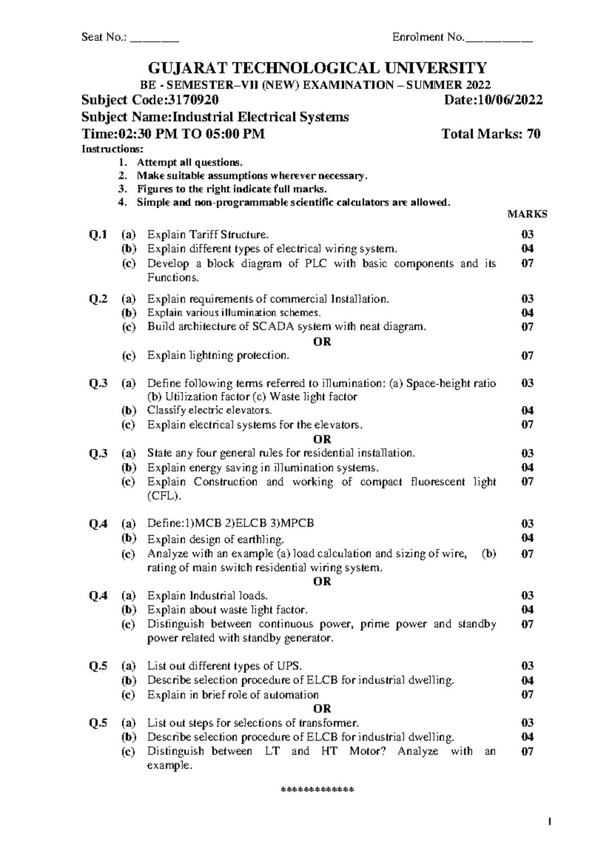 3170920 - GTU Summer 2022 Practice Paper for Industrial Electrical ...