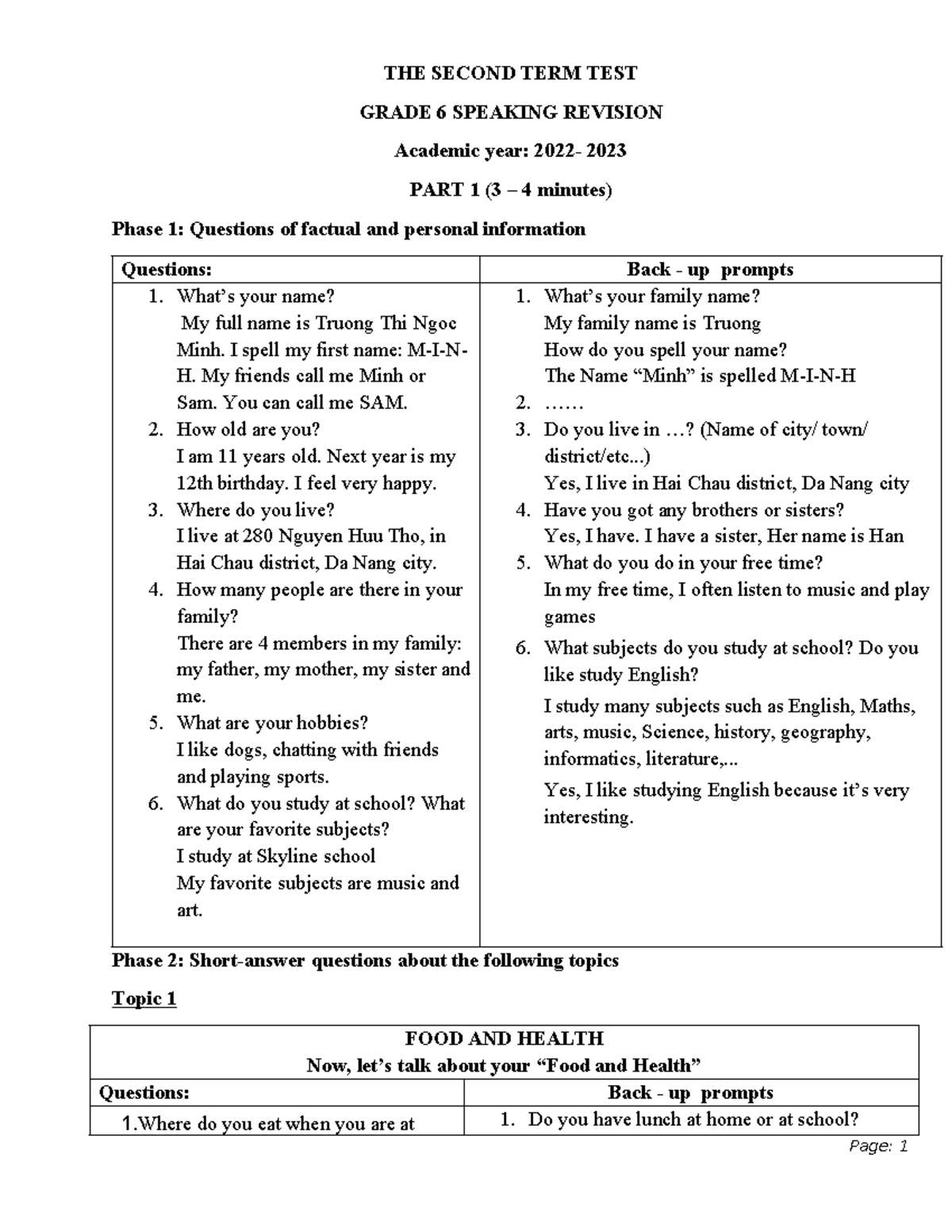 Grade 6 Speaking Revision: Second Term Test Preparation - Studocu