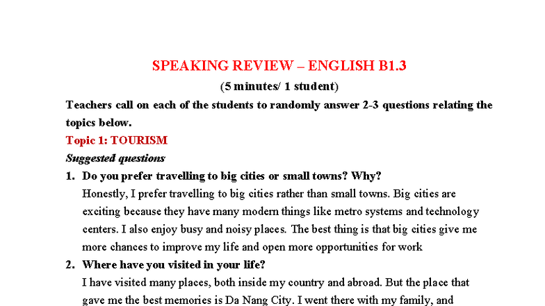 Speaking Review - English B1.3 (5 1 Student) - Studocu