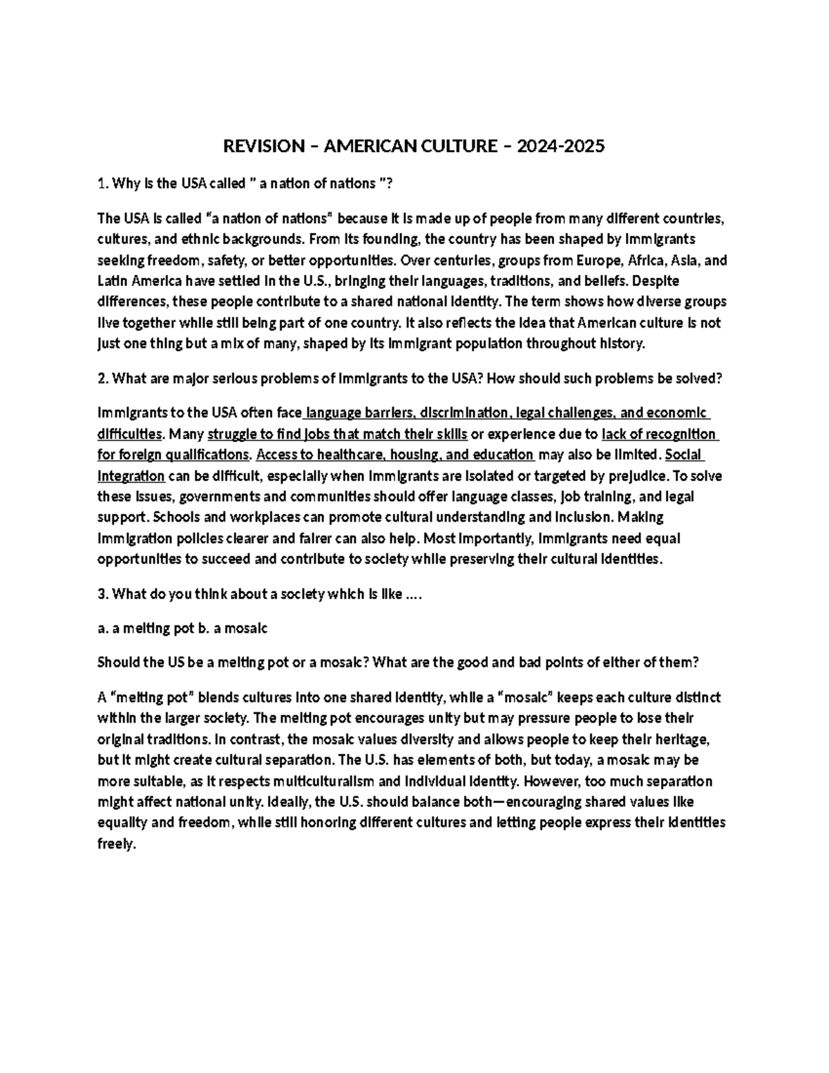 REVISION AMERICAN CULTURE 1: Key Concepts and Issues for Final Exam - Document Preview