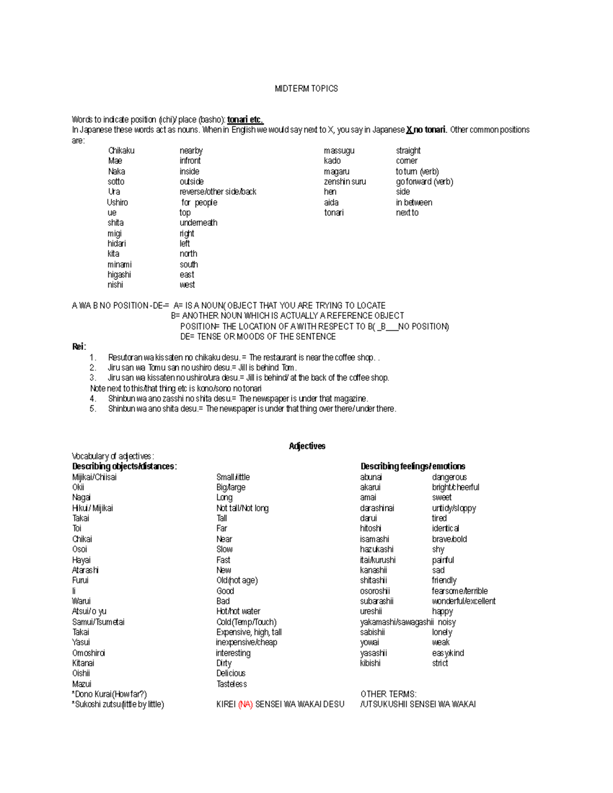 Folang 101: Midterm Topics on Japanese Position Words and Adjectives ...