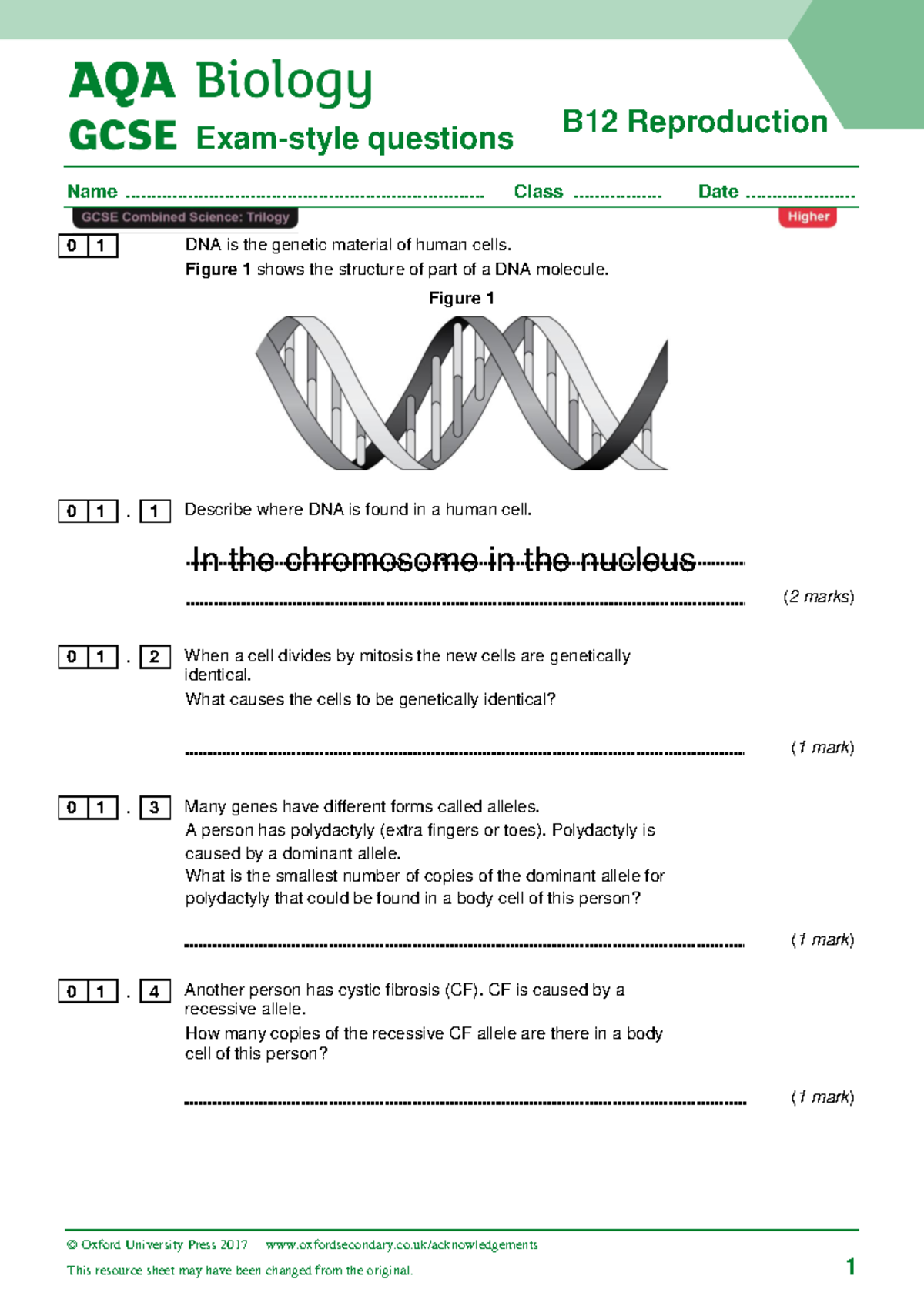 AQA Biology Final Exam: DNA, Genetics and Screening Questions - Studocu