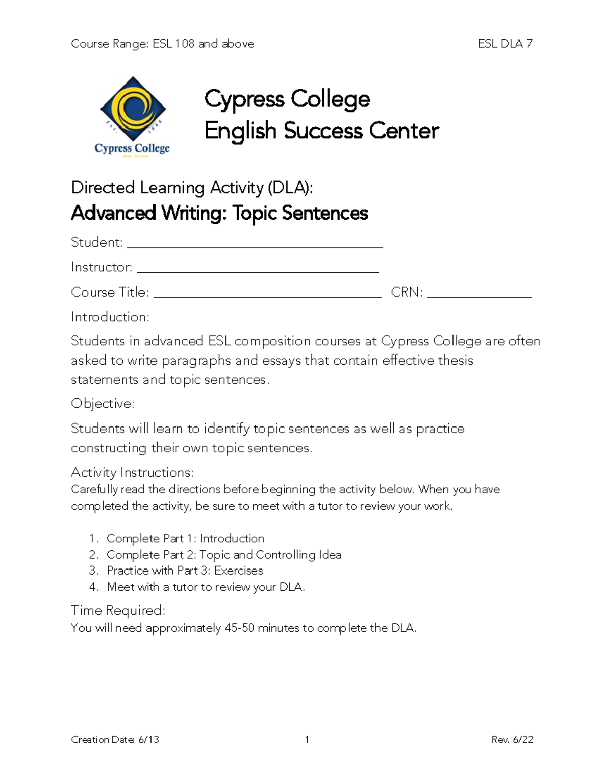 Advanced Writing DLA: Topic Sentences Guide ESL 2022-2 - Studocu