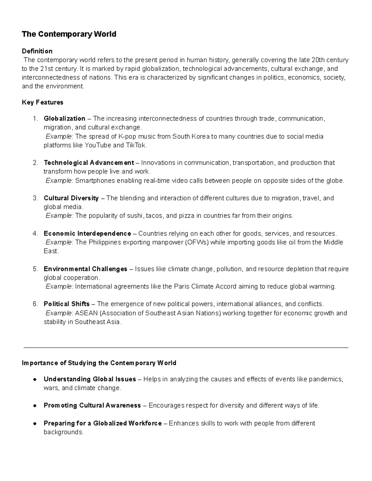 The Contemporary World: Key Features and Global Issues Analysis - Studocu
