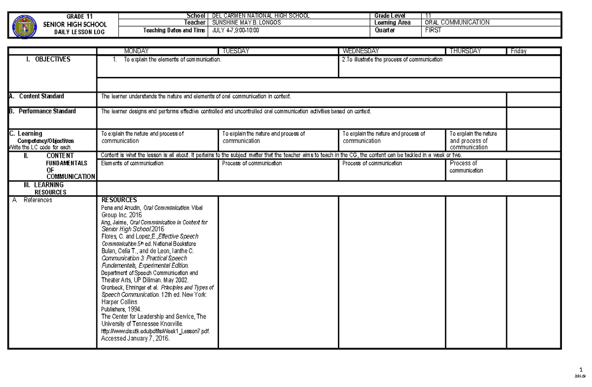 GRADE 11 ORAL COMMUNICATION DAILY LESSON LOG: TEACHING STRATEGIES ...