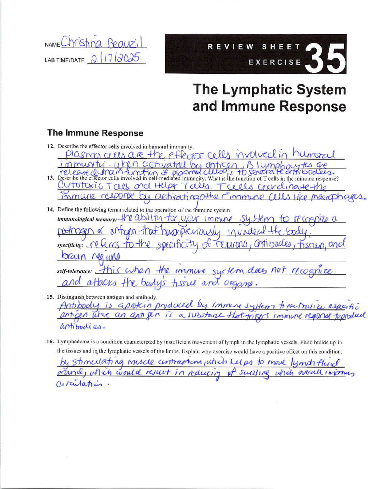 Exercise 35 Lymphatic System - LAB TIME/DATE r1 [d0r The lmmune - Exercise 35 The Lymphatic System And Immune Response