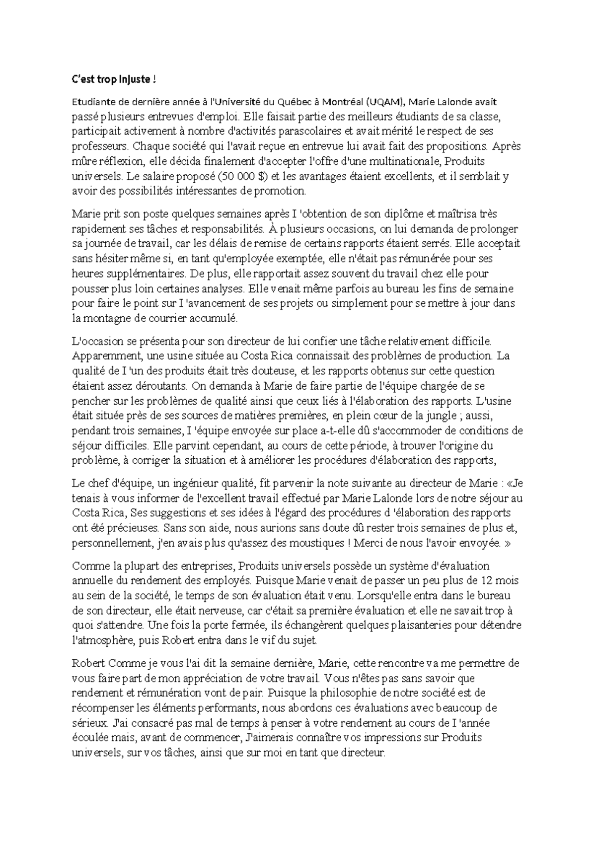 C'est trop injuste ! Étude de cas sur Marie Lalonde à UQAM - Studocu