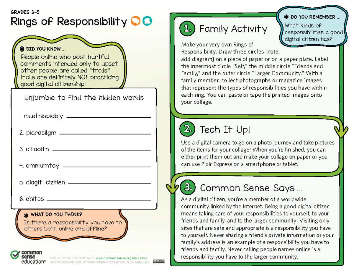 Rings of Responsibility Activity for Grades 3-5: Digital Citizenship ...