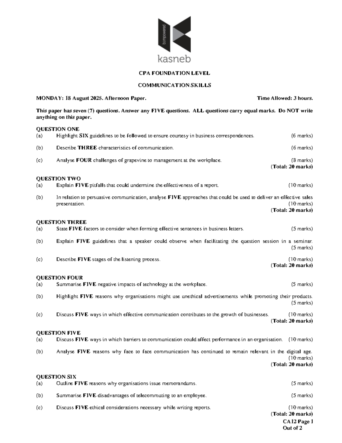 CA12 Communication Skills Final Exam: Guidelines & Challenges - Studocu