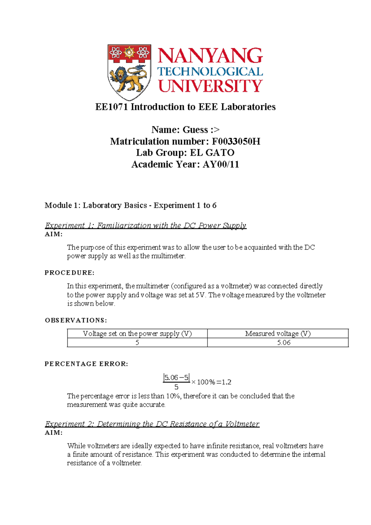EE1071 Lab Report: Experiments in Electrical Engineering Practices ...