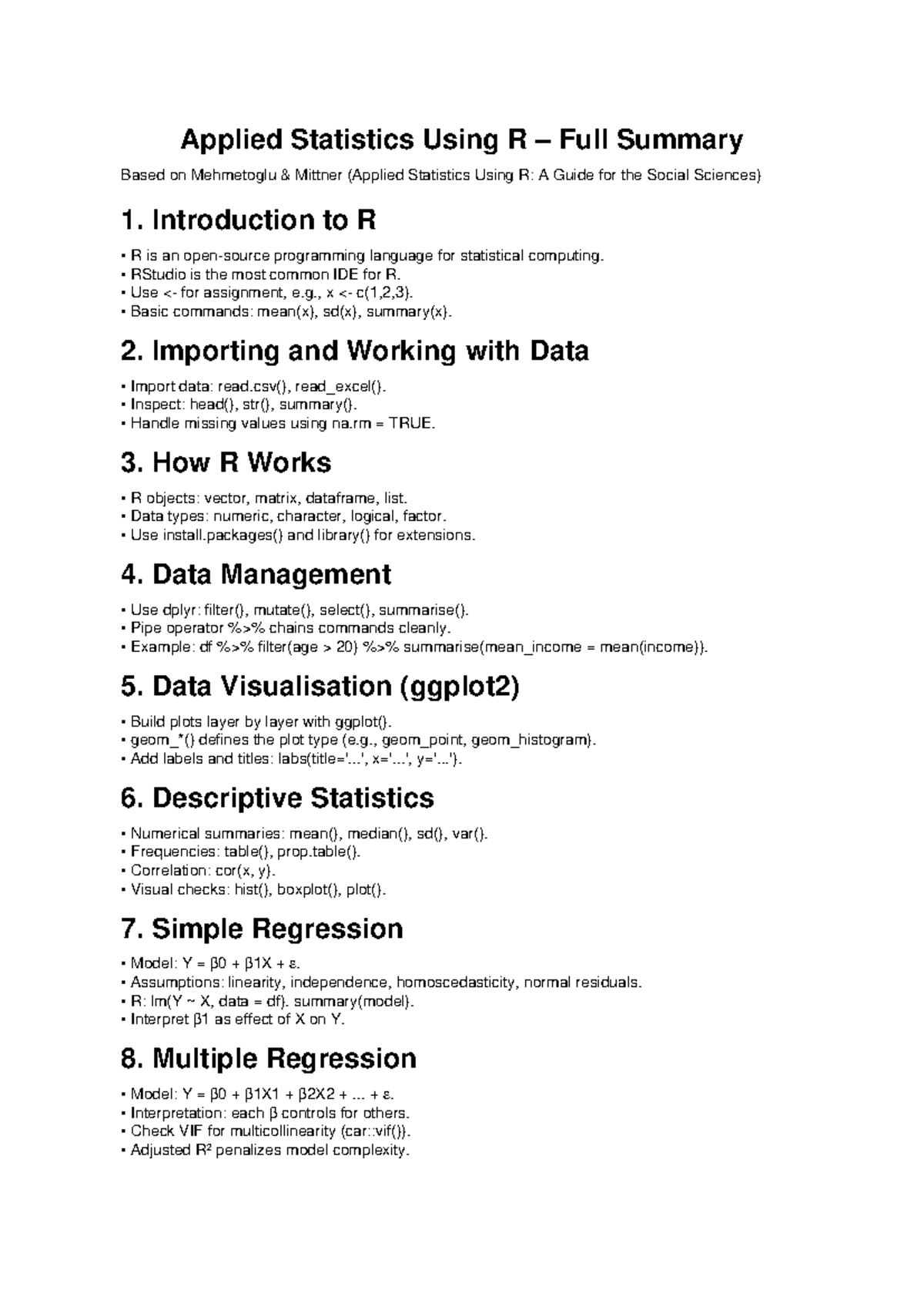 Applied Statistics Using R: Comprehensive Summary Guide - Studeersnel