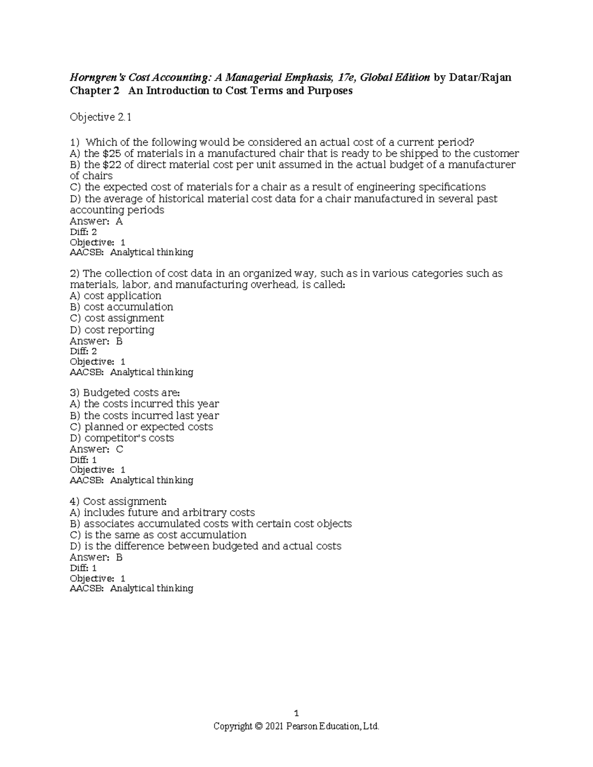 Cost Accounting (ACCT 101): Chapter 2 Test Bank on Cost Terms - Studocu