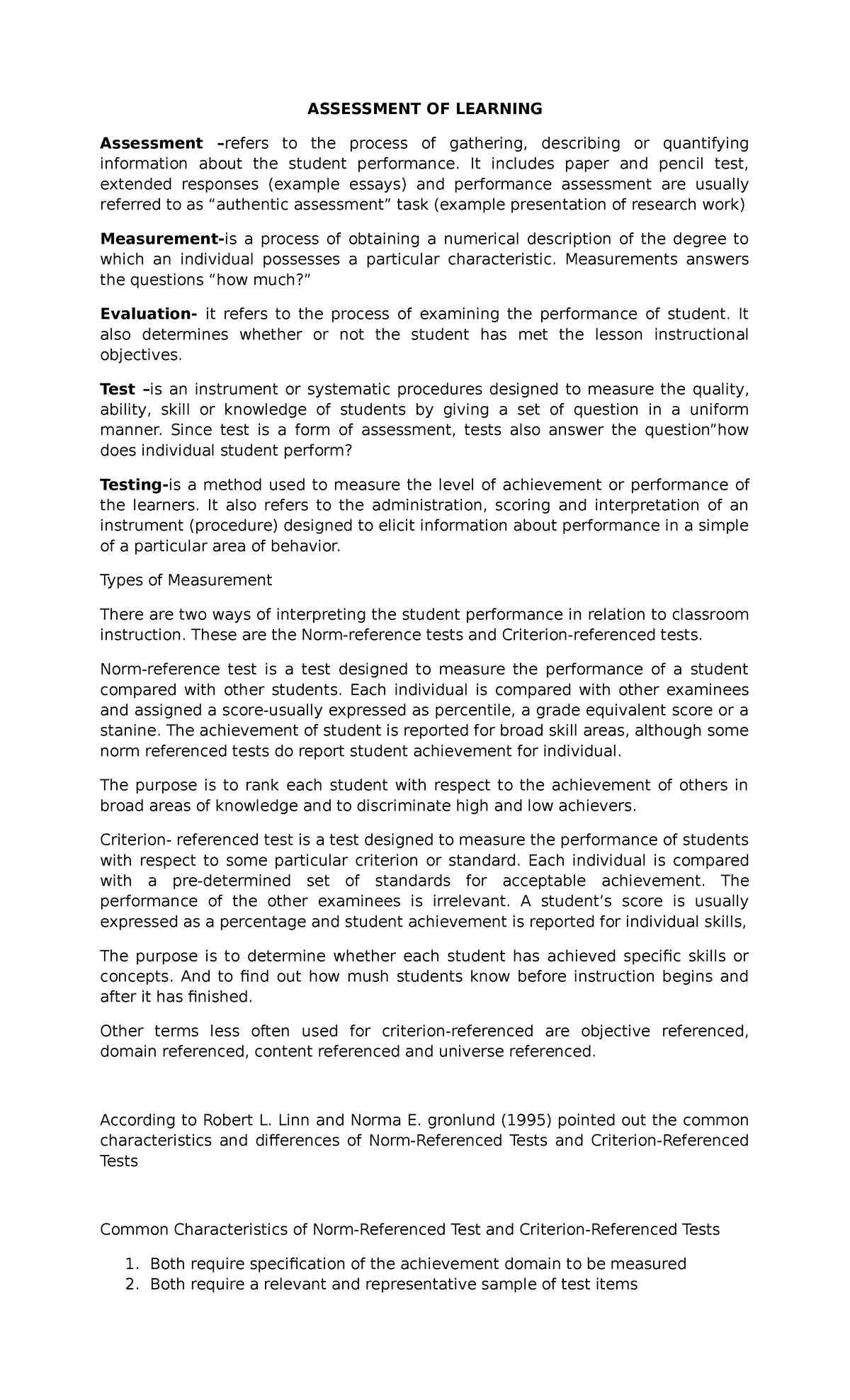 AOL - Assessment of Learning: Key Concepts and Methods - Studocu