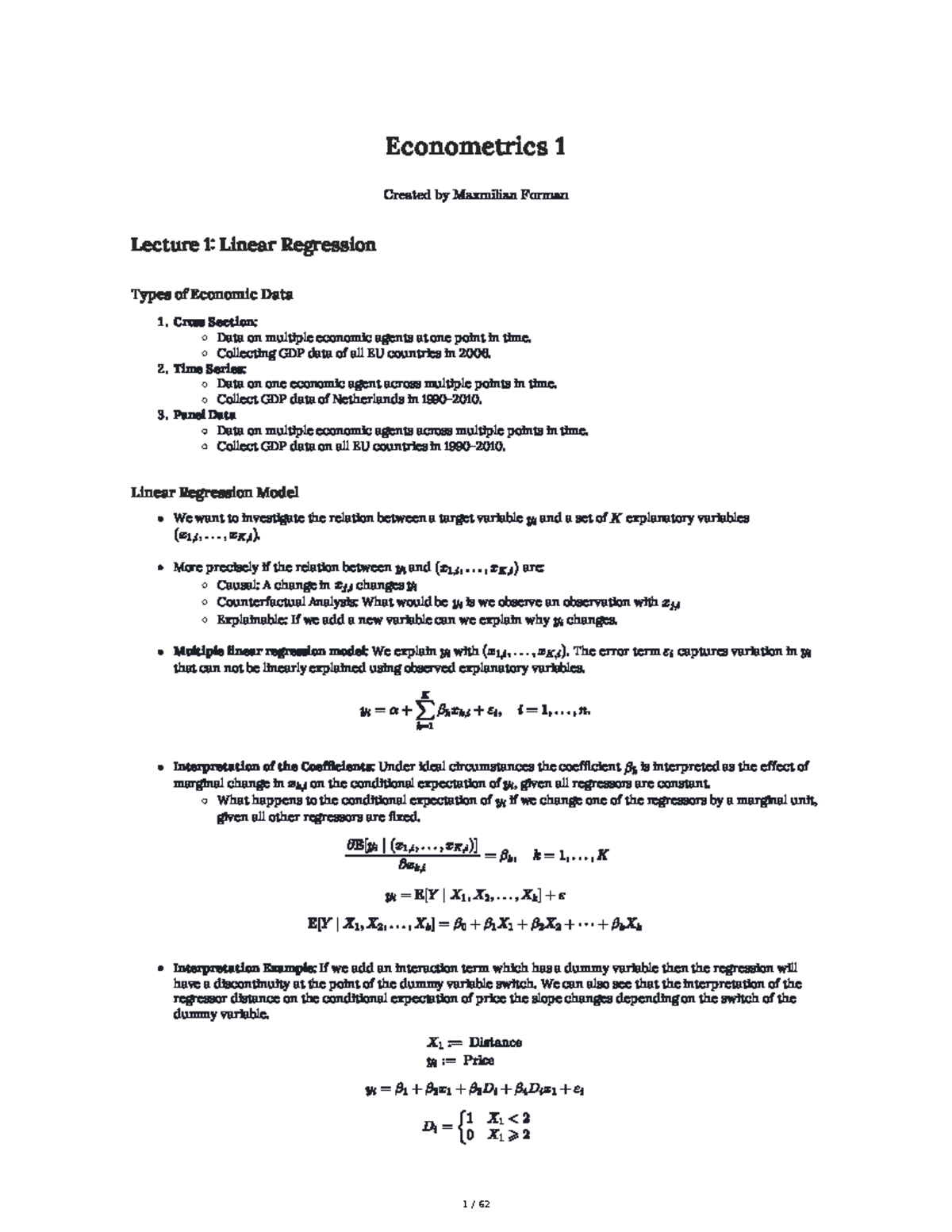 Econometrics 1 Lecture 1: Linear Regression & Economic Data Overview ...