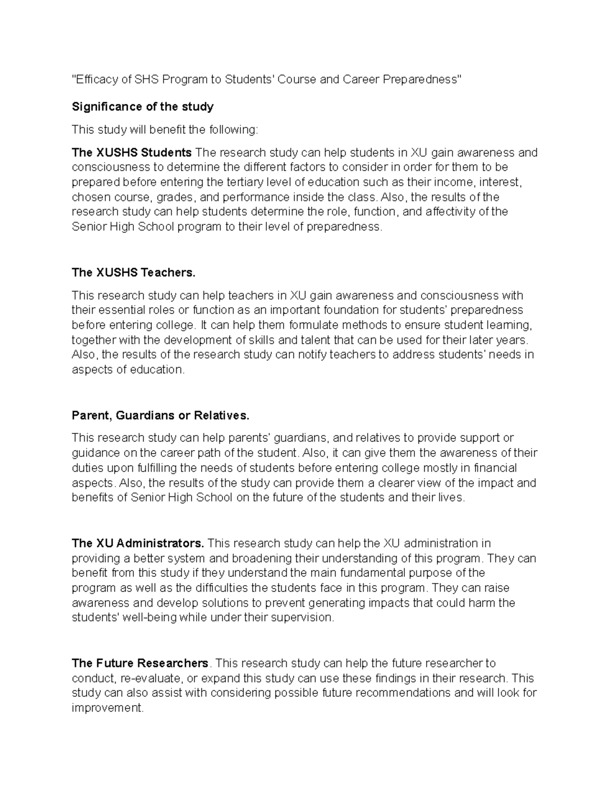 Significance of the study - 