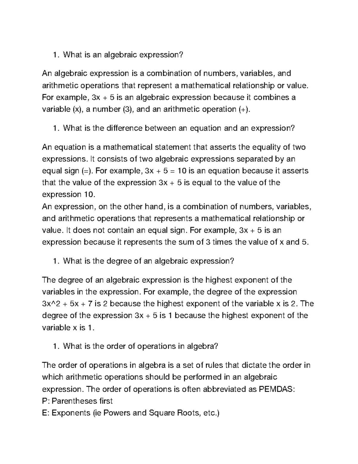 Algebraic Expressions Equations and Inequalities - Studocu