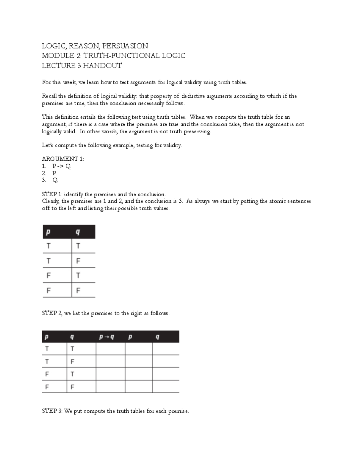 LRP Mod 2 Lecture 3 Handout: Testing Logical Validity with Truth Tables ...