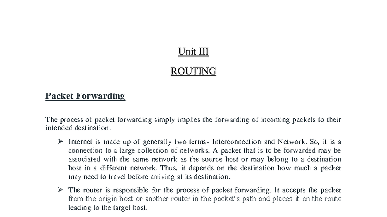 Unit III CN: Packet Forwarding and Routing Techniques - Studocu