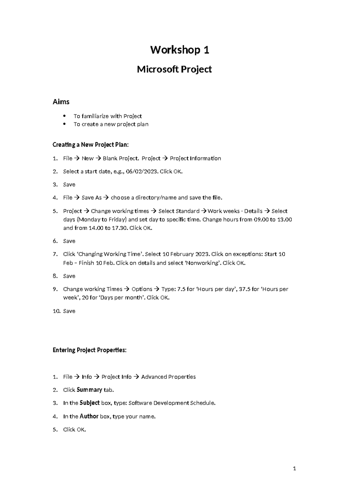 9 - coursework - Workshop 1 Microsoft Project Aims To familiarize with ...