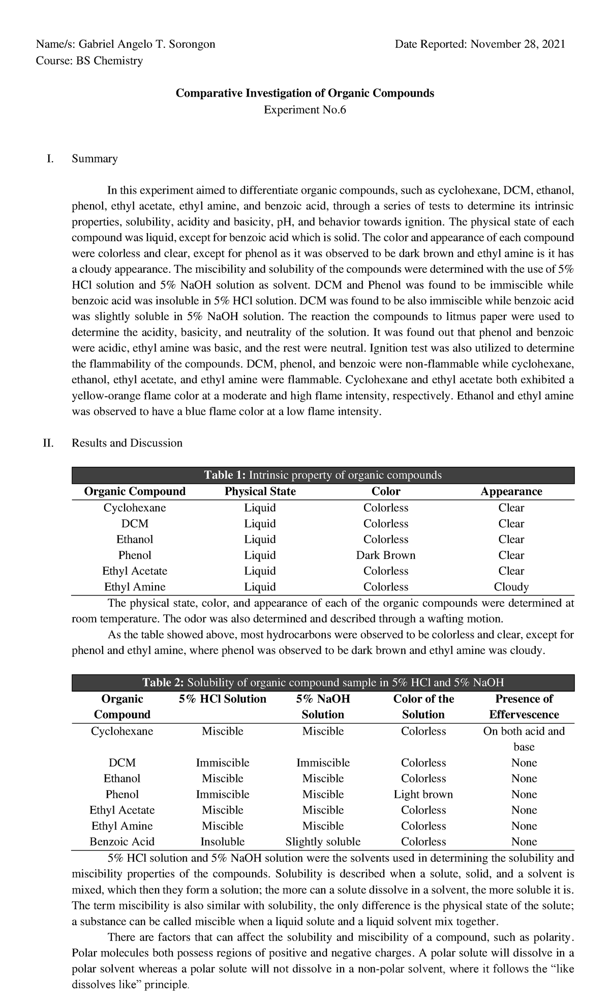 Comparative Study of Organic Compounds in BS Chem Lab (Lab Report ...