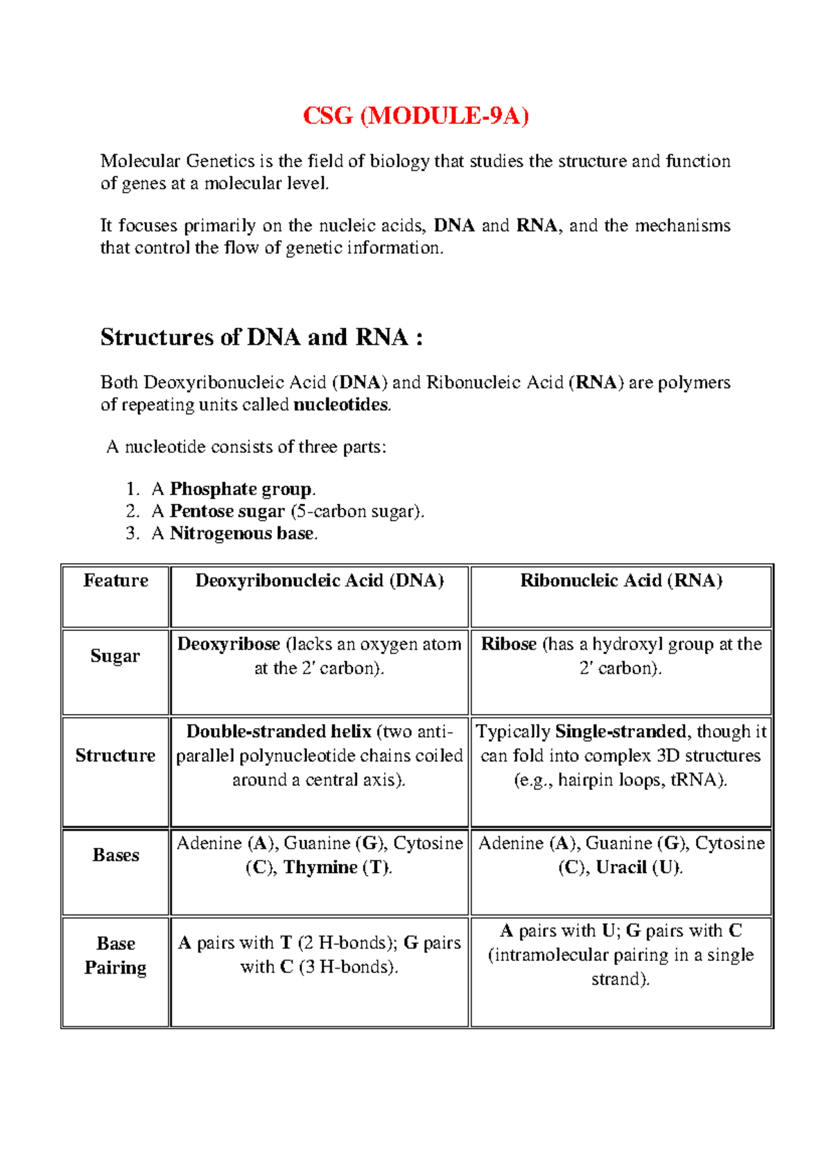CSG Molecular Genetics: DNA & RNA Structures and Functions - Studocu