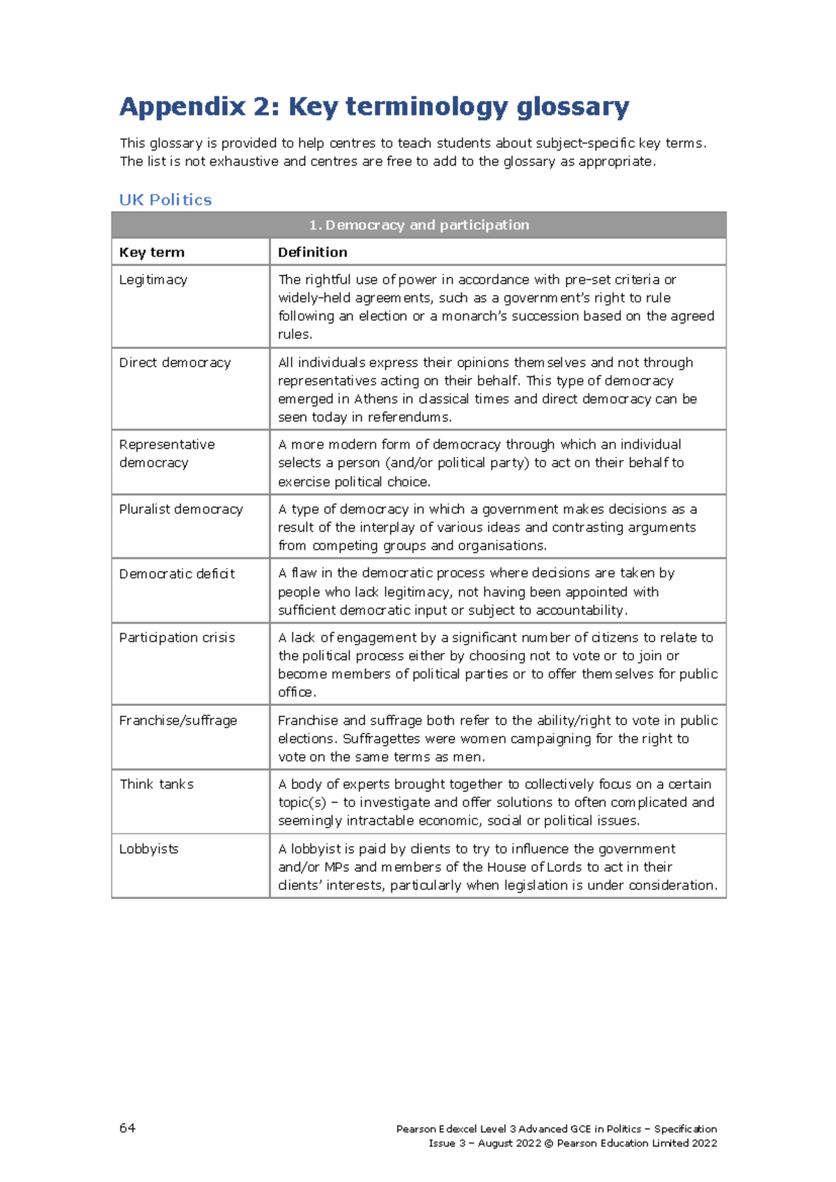 Politics Key Terminology Glossary (UK Politics) - Edexcel Level 3 GCE ...