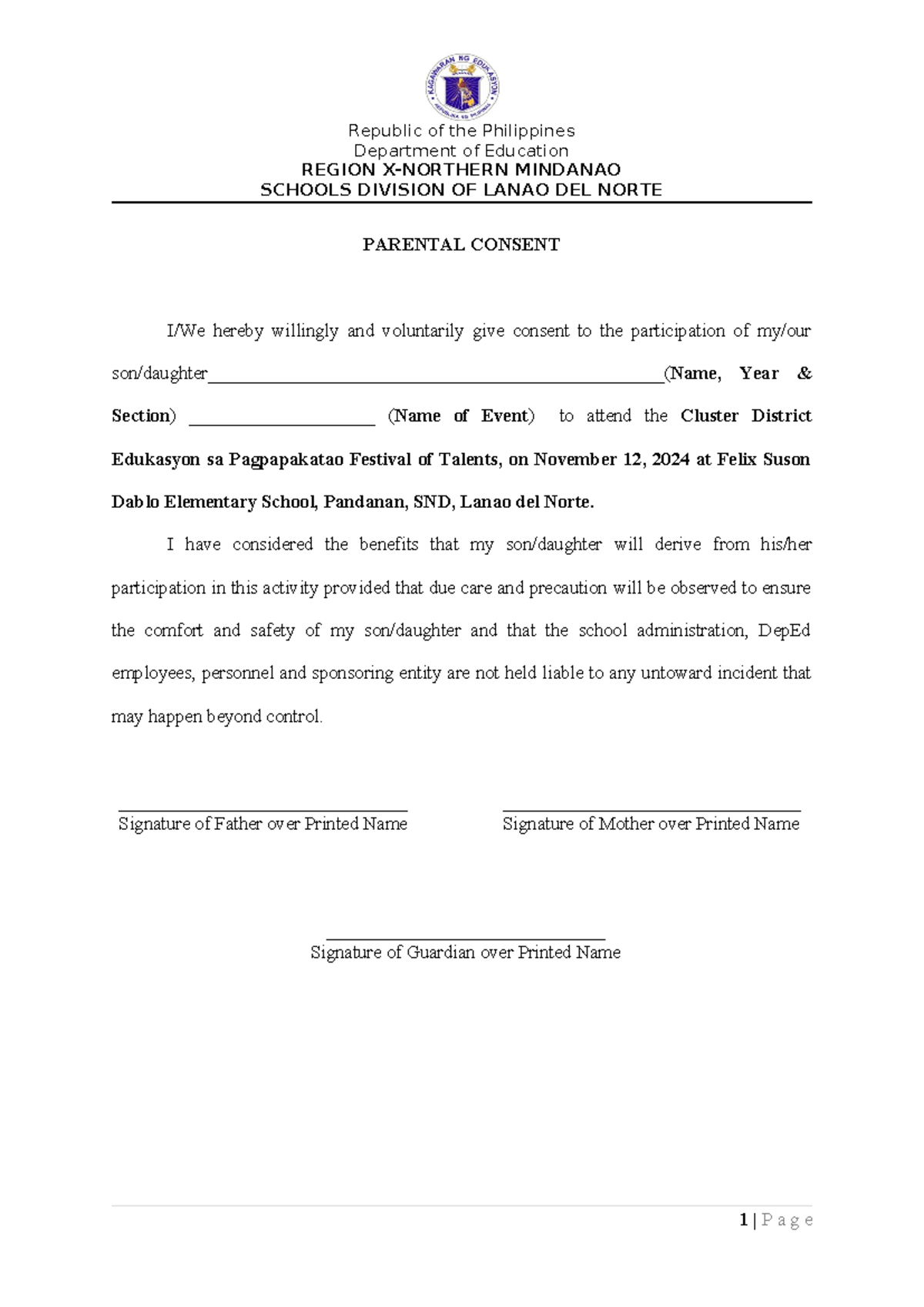 Parent Consent Form for Edukasyon sa Pagpapakatao Festival - Studocu