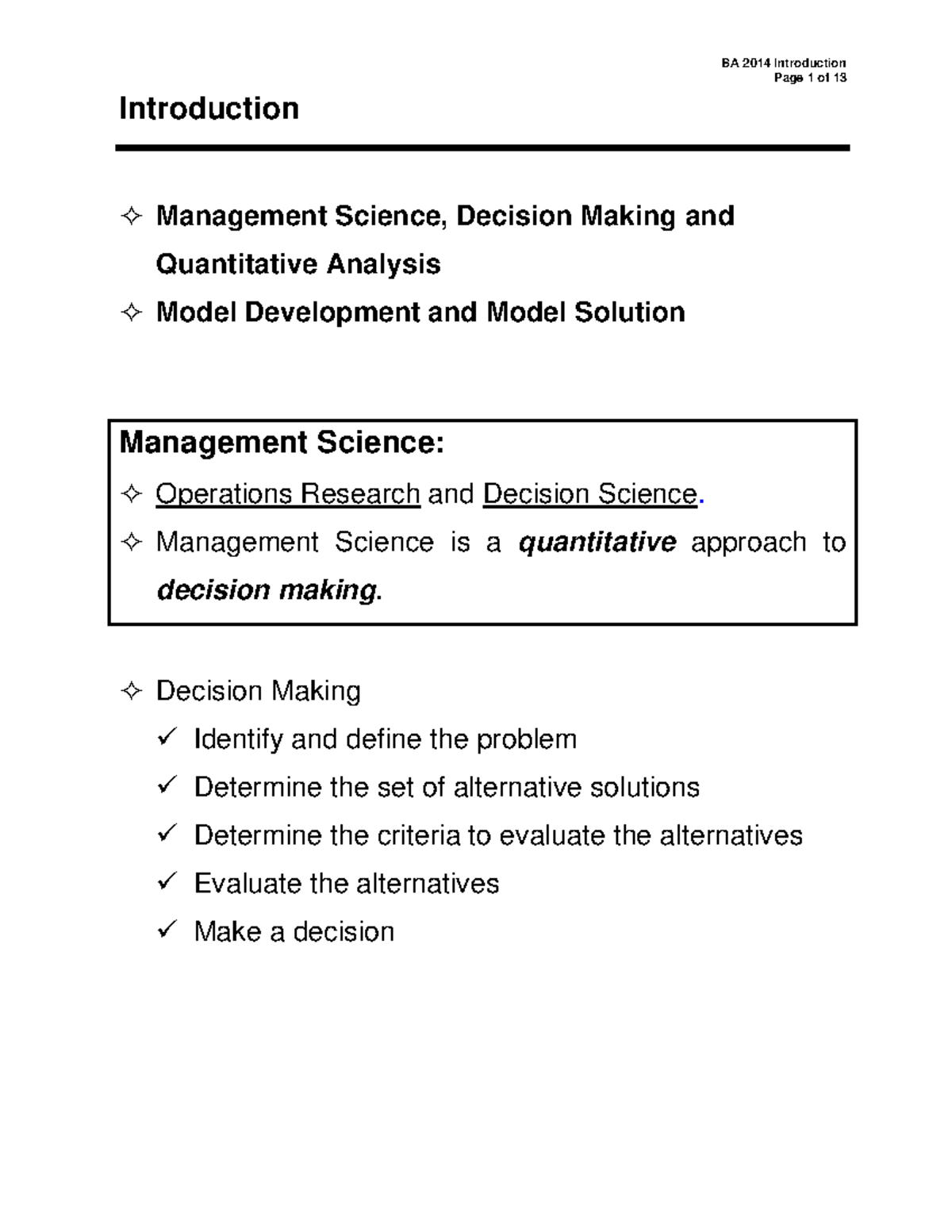 BA 2014 Introduction to Management Science and Decision Making - Studocu