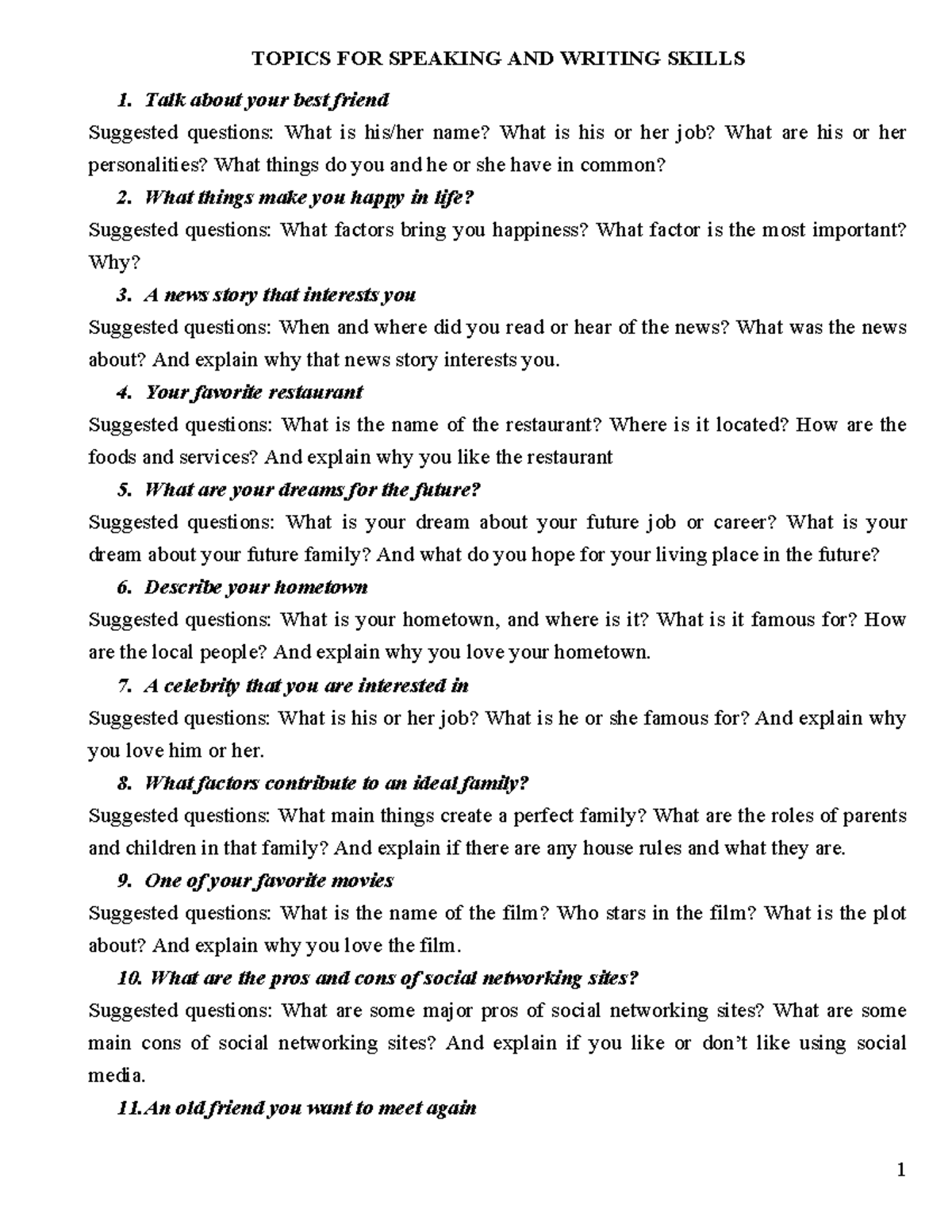 Speaking and Writing Skills Topics for Practice (Course Code: SWK 101 ...