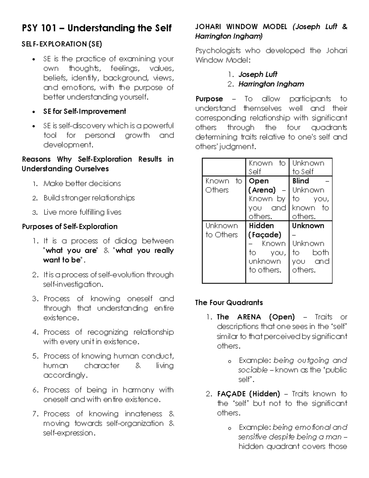 PSY 101 Understanding the Self: A Preliminary Reviewer - Studocu