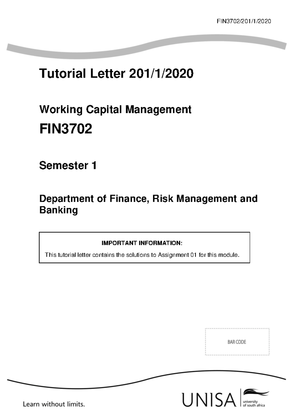 FIN3702 2020 TL 201 1 E - Assignment 01 Solutions Semester 1 2020 ...