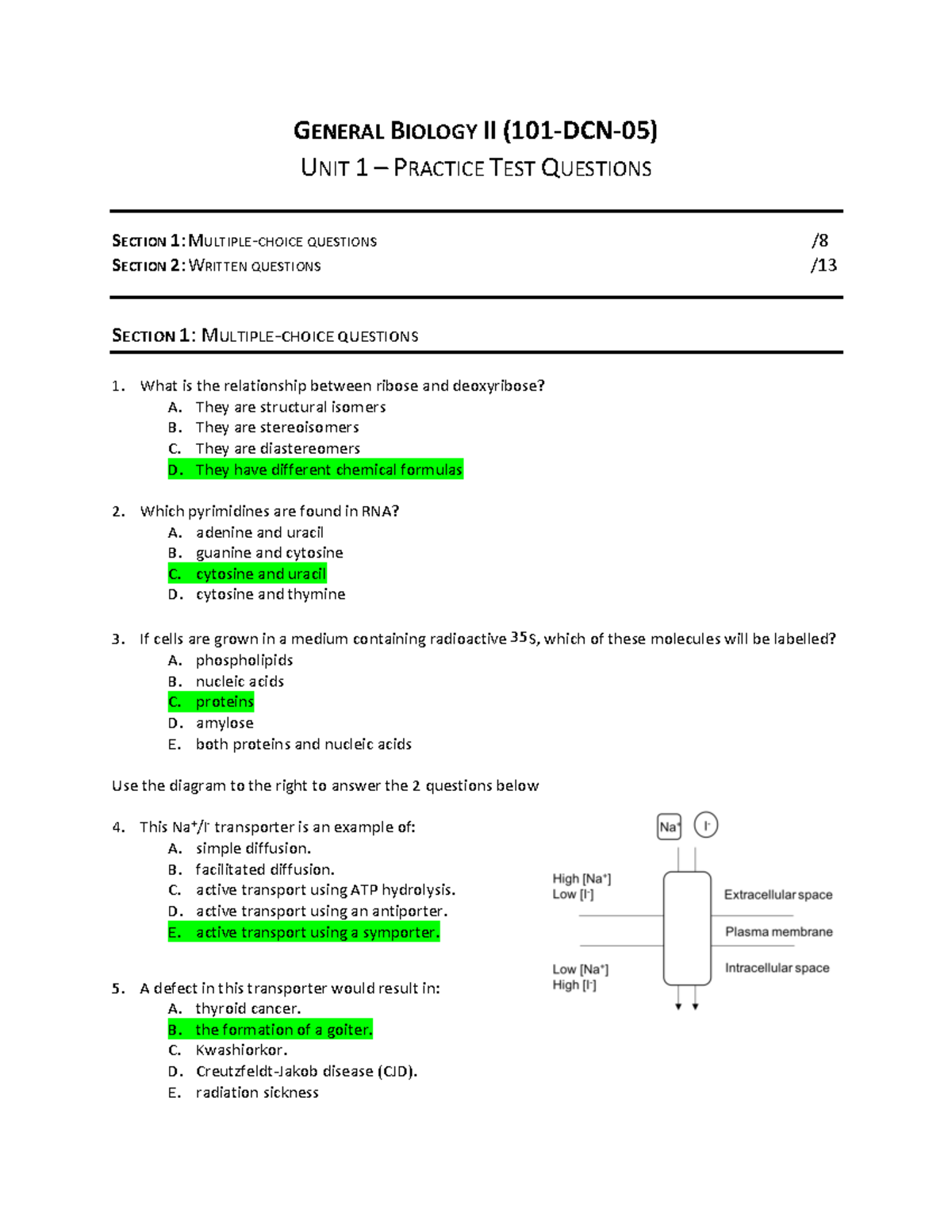 Unit 1 Practice Q DCN AK copy - G ENERAL BIOLOGY II (101-DCN-05) UNIT 1 ...