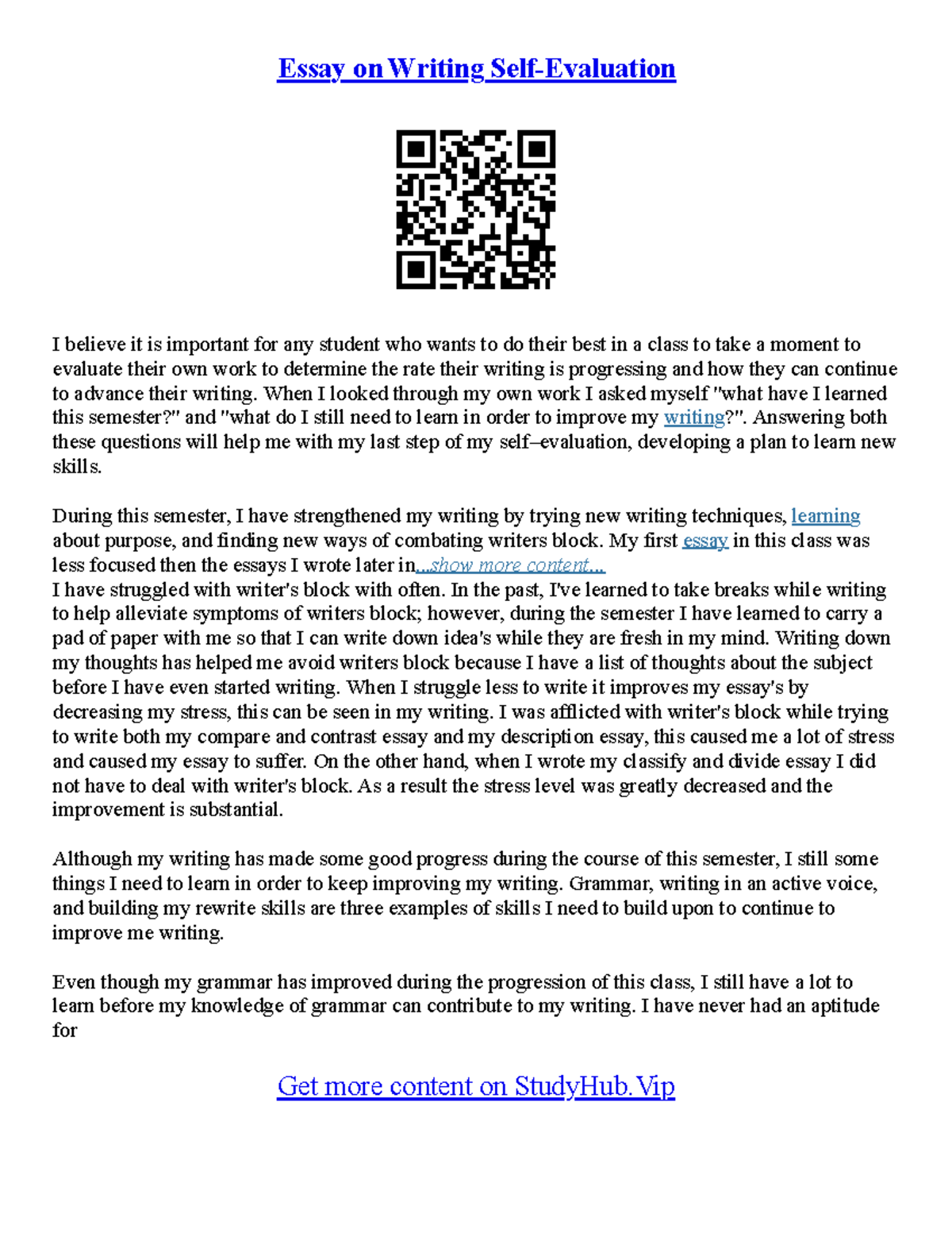 Sample Self Evaluation Essay - Essay on Writing Self-Evaluation I ...