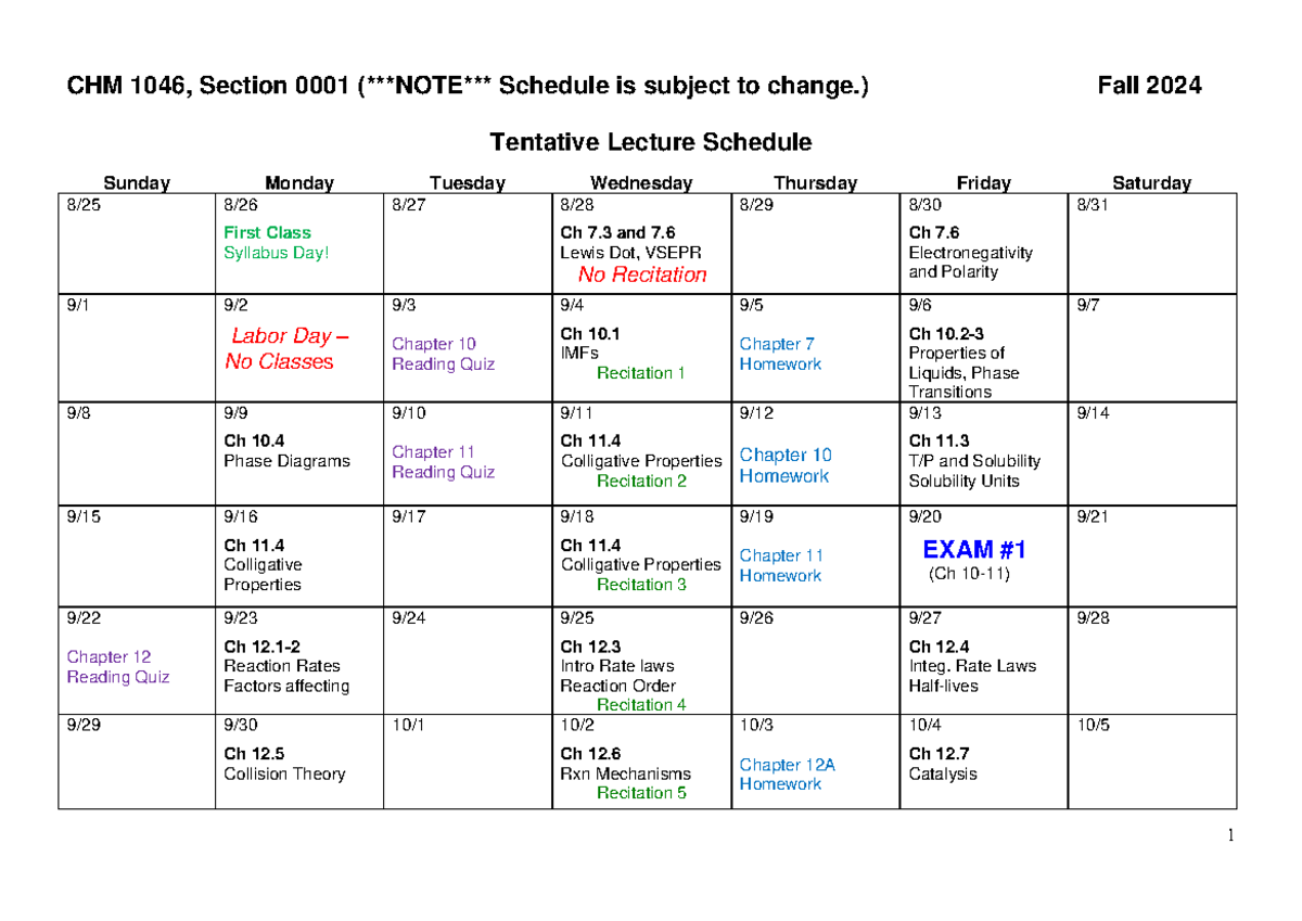 Fall 2024 CHM1046 Tentative Lecture Schedule and Exam Dates - Studocu