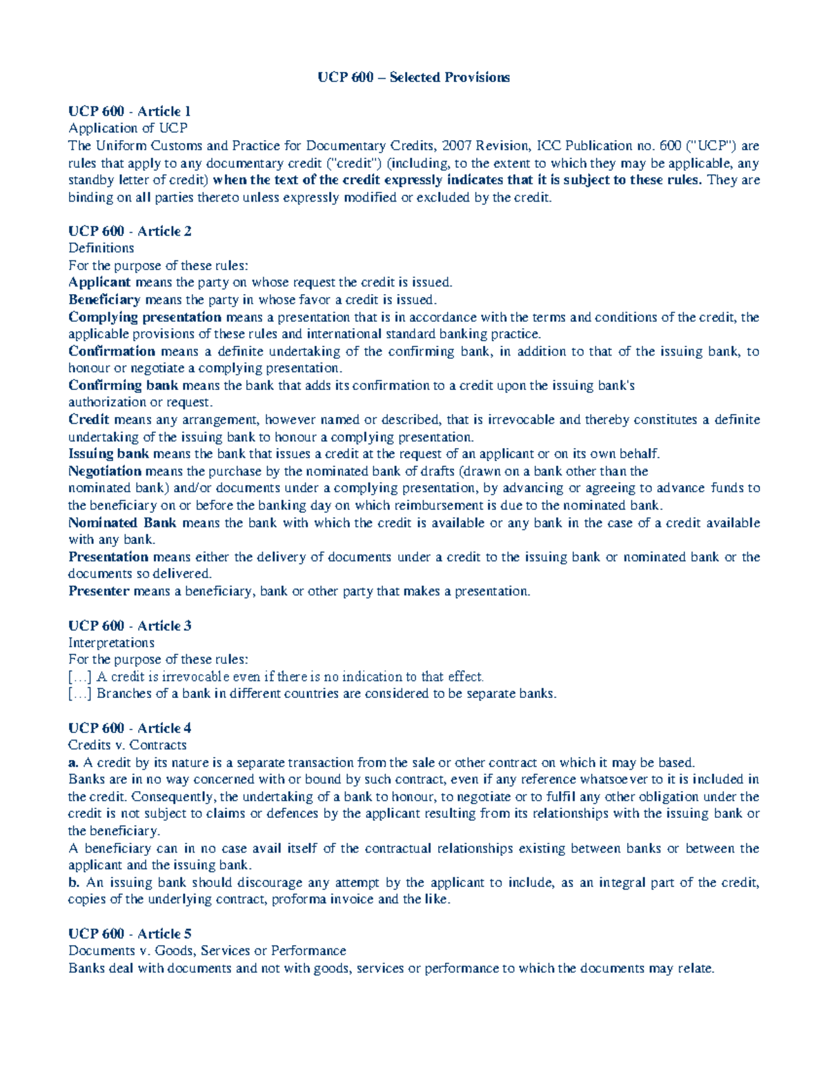 UCP 600 Key Provisions: Understanding Documentary Credits - Studocu