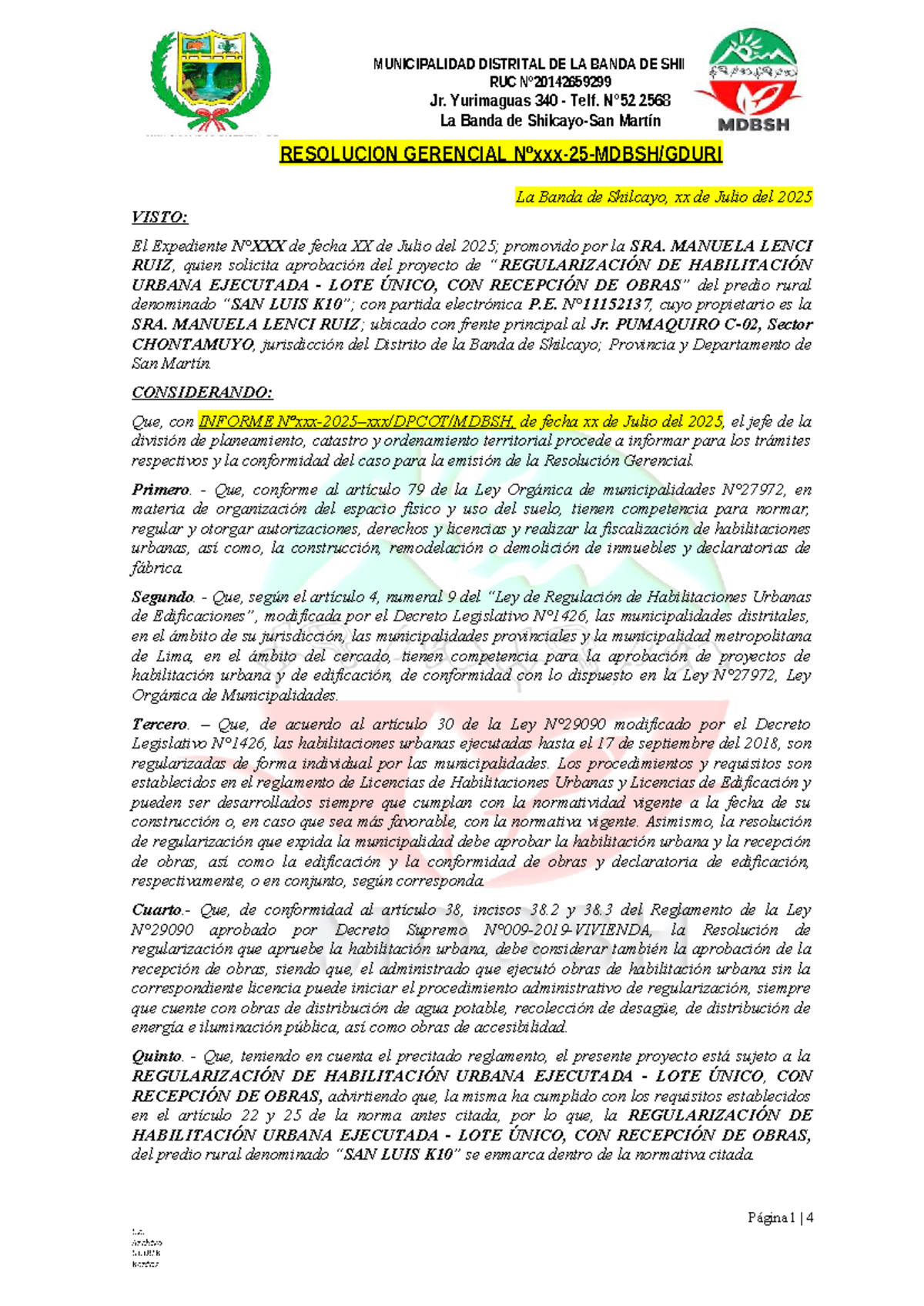 Resolución Gerencial N°XXX-25: Regularización de Habilitación Urbana Lote Único - Document Preview