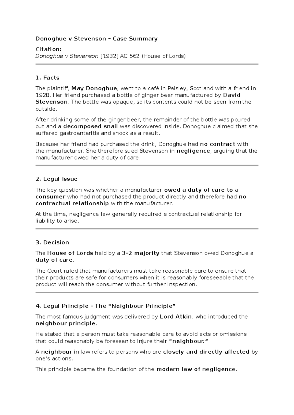 Donoghue v Stevenson Case Summary: Duty of Care in Negligence - Studocu