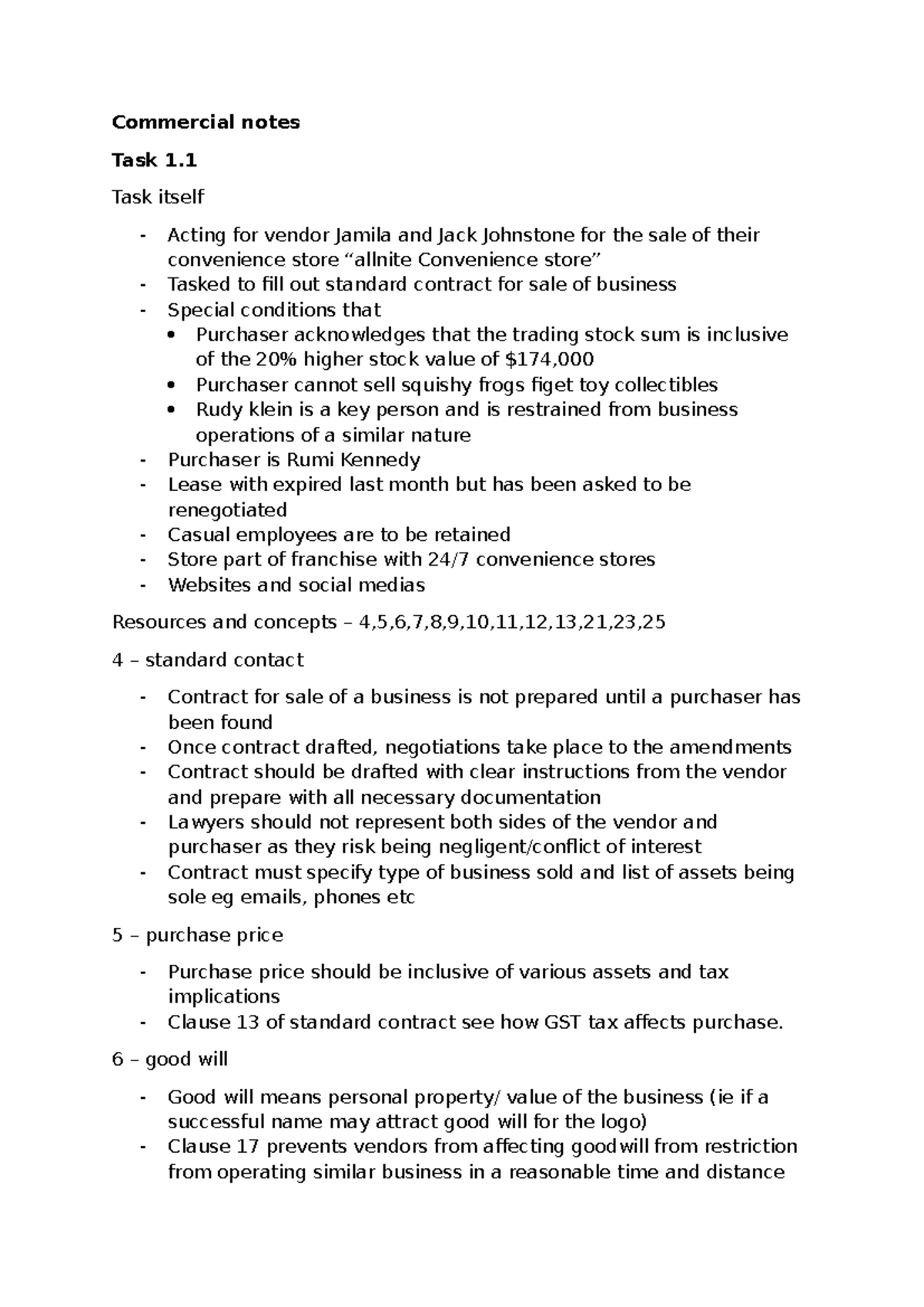 Commercial Notes for Sale of Business - Task 1.1 & 1.2 - Studocu