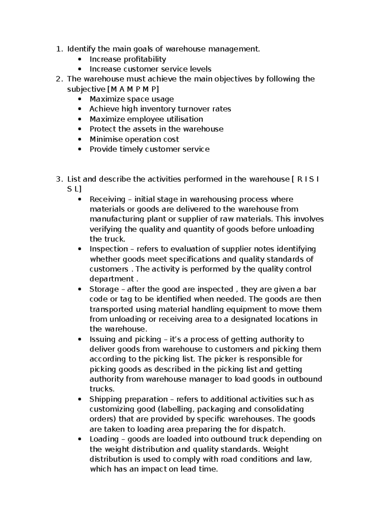 Business Management (Test 2): Goals & Activities in Warehouse ...