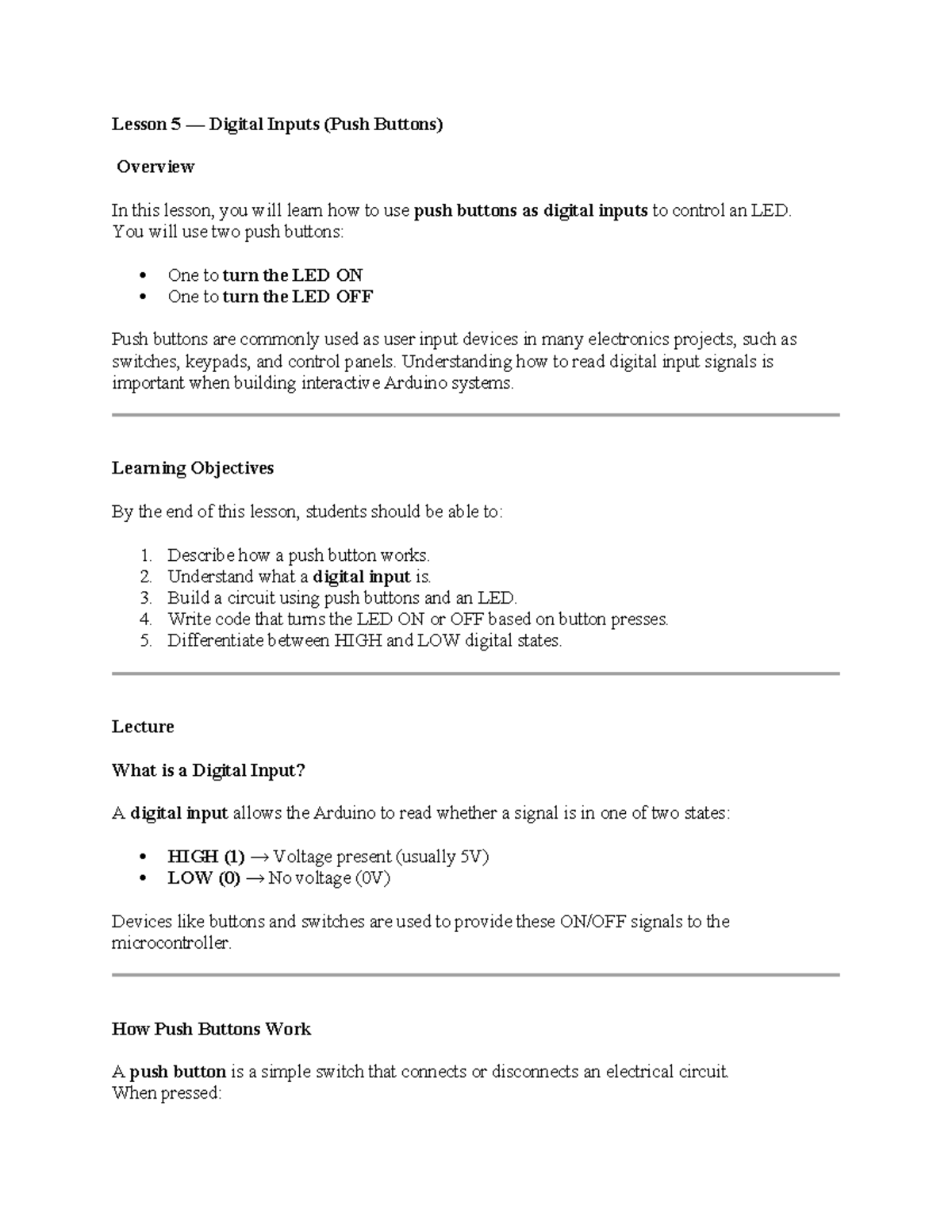 Lesson 5: Digital Inputs with Push Buttons Overview - Studocu