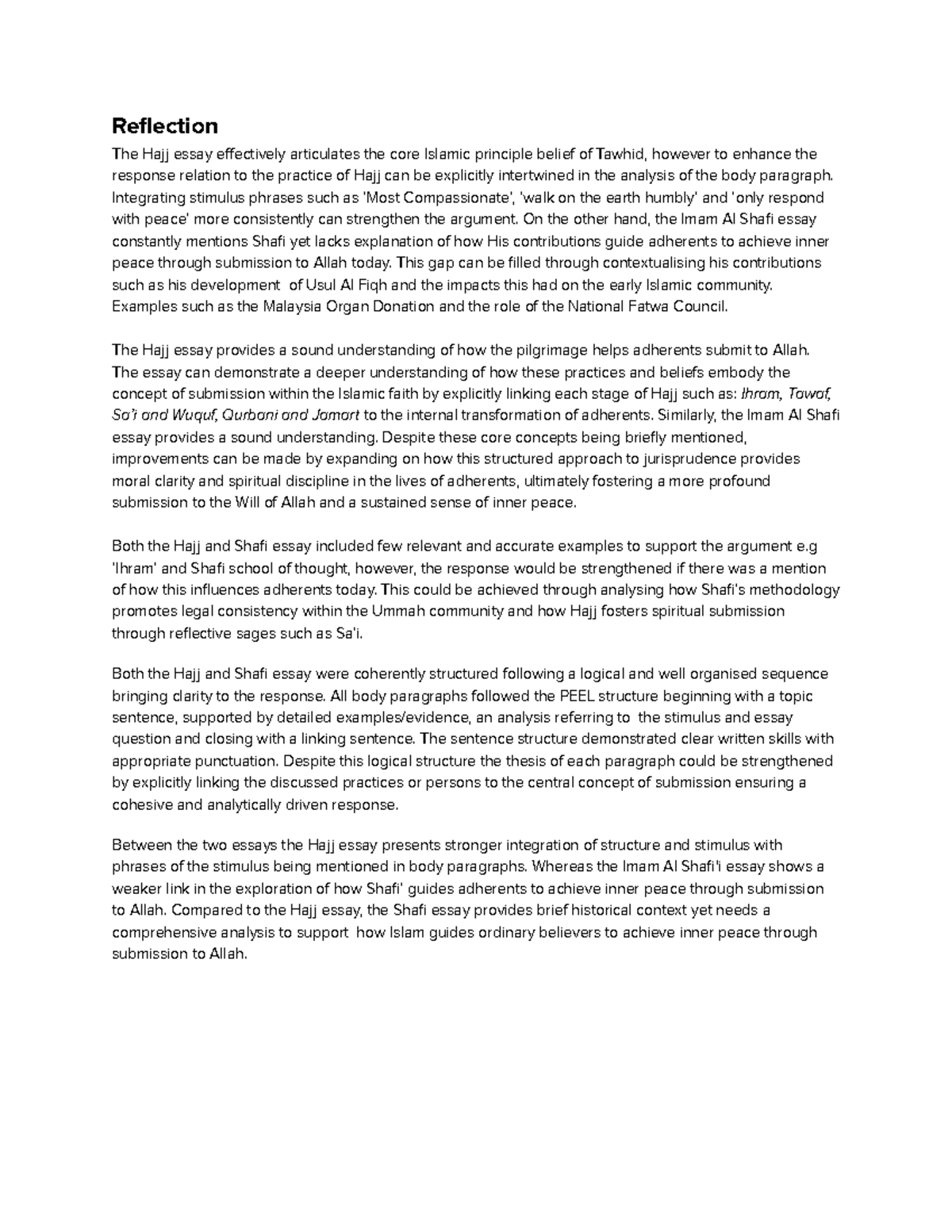 SOR Assessment - ISLAM: Hajj & Imam Al Shafi Essay Reflection - Studocu