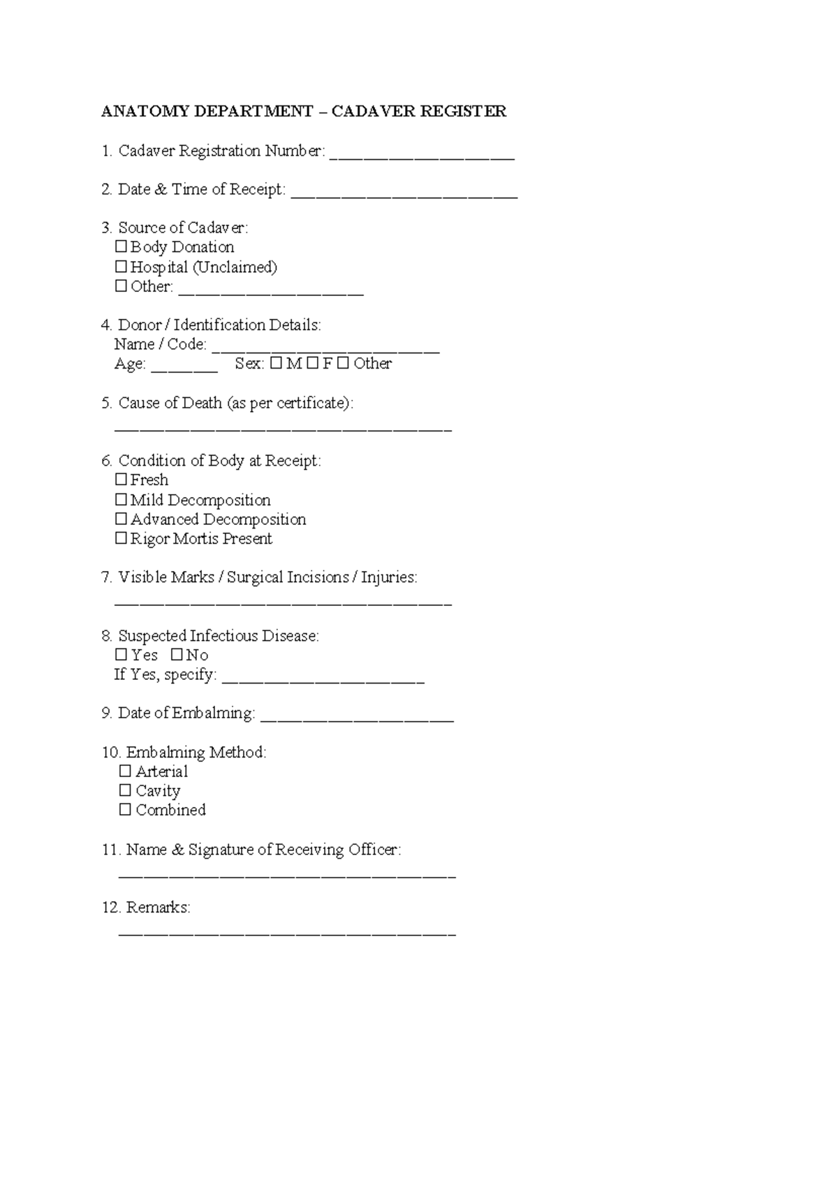 ANAT303 Cadaver Registration Form and Guidelines - Studocu