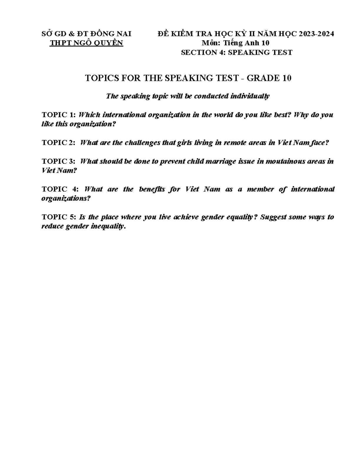 Speaking Topics G10 Midterm 2nd Term Exam - 2023-2024 - Studocu