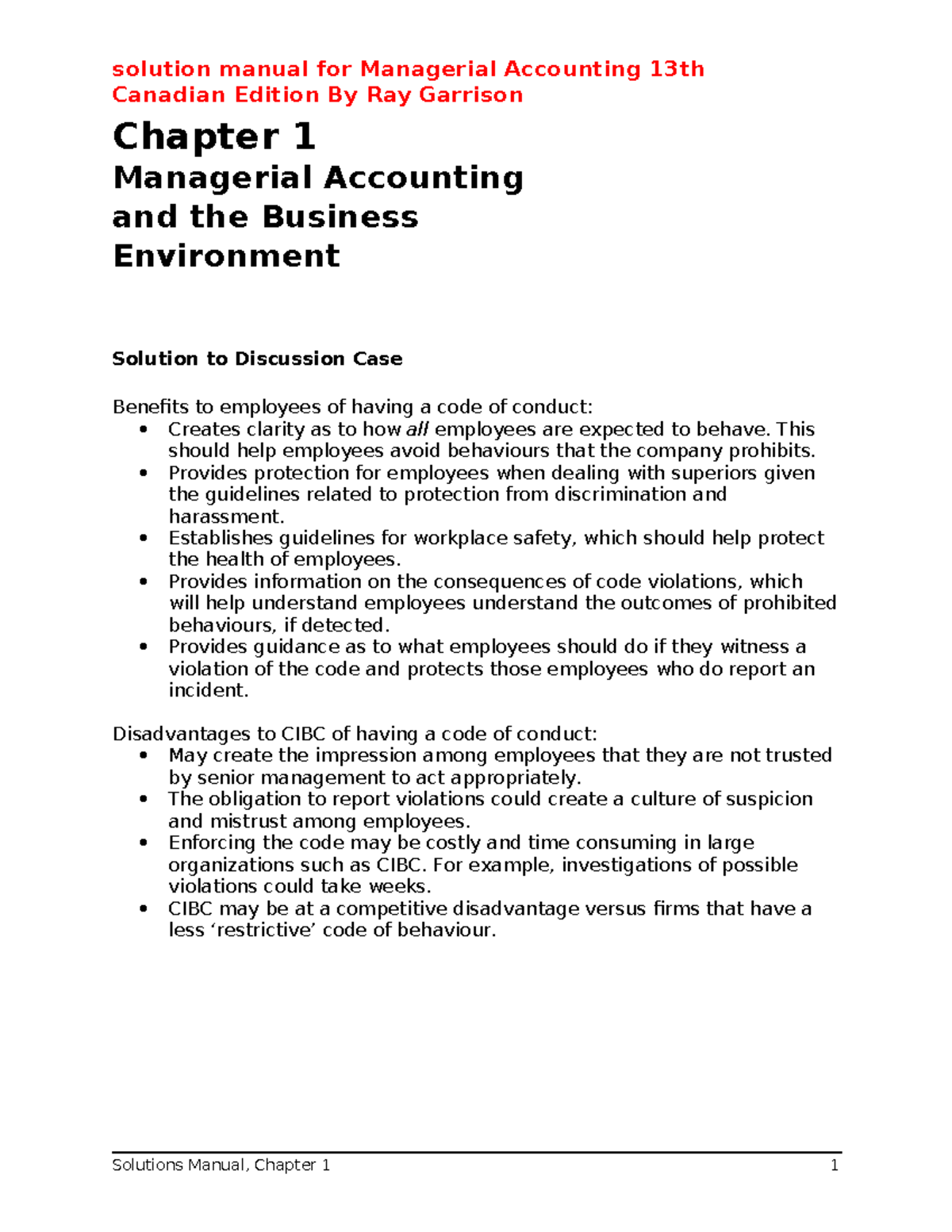 Managerial Accounting Solutions Manual - Chapter 1 (13th Canadian Ed ...