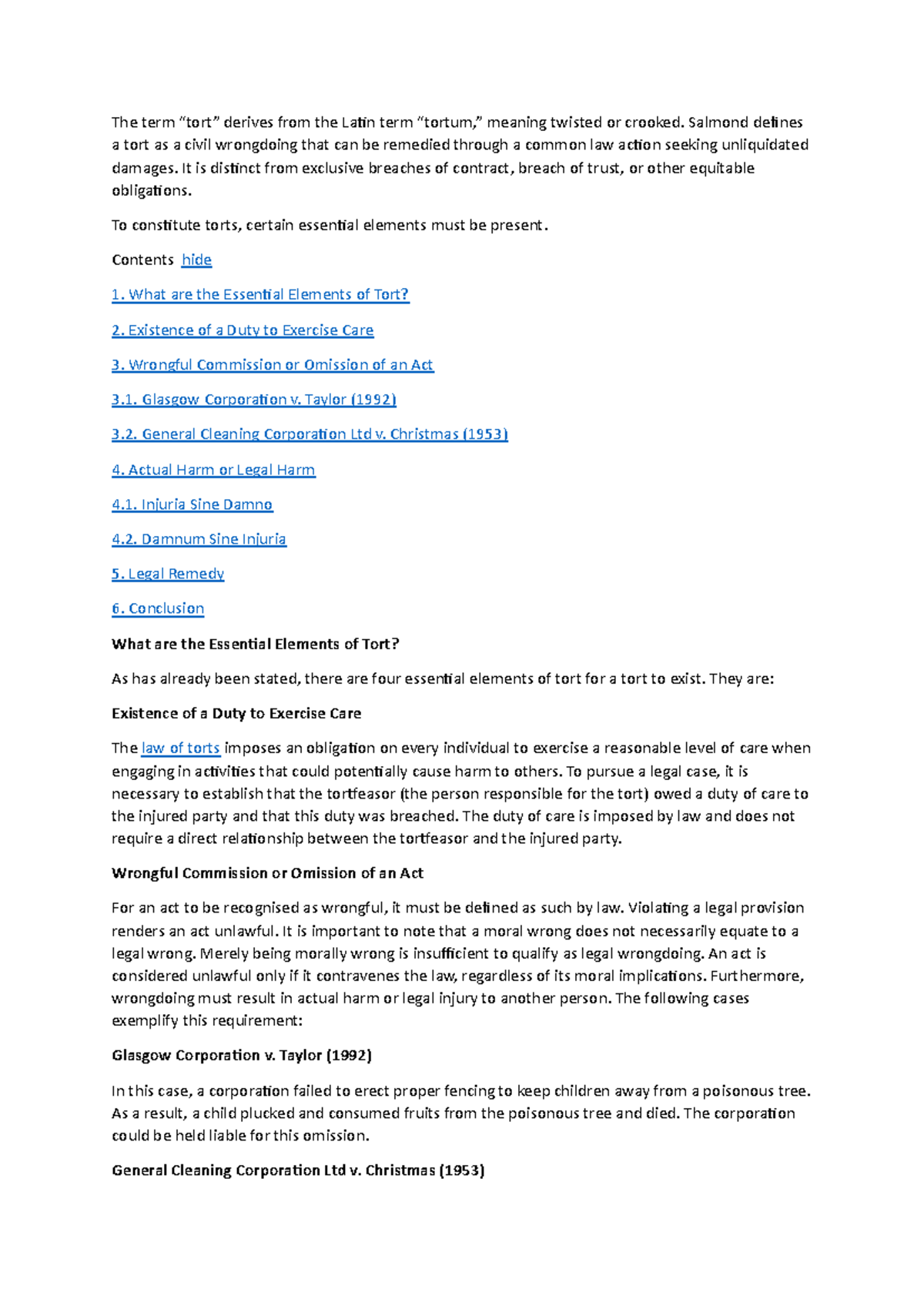 D: Definition & Essential Elements of Tort Law - Studocu